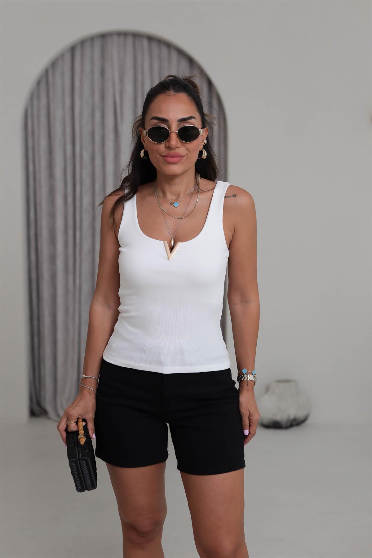 6143Y Pamuklu V Gold Detaylı Atlet EKRU