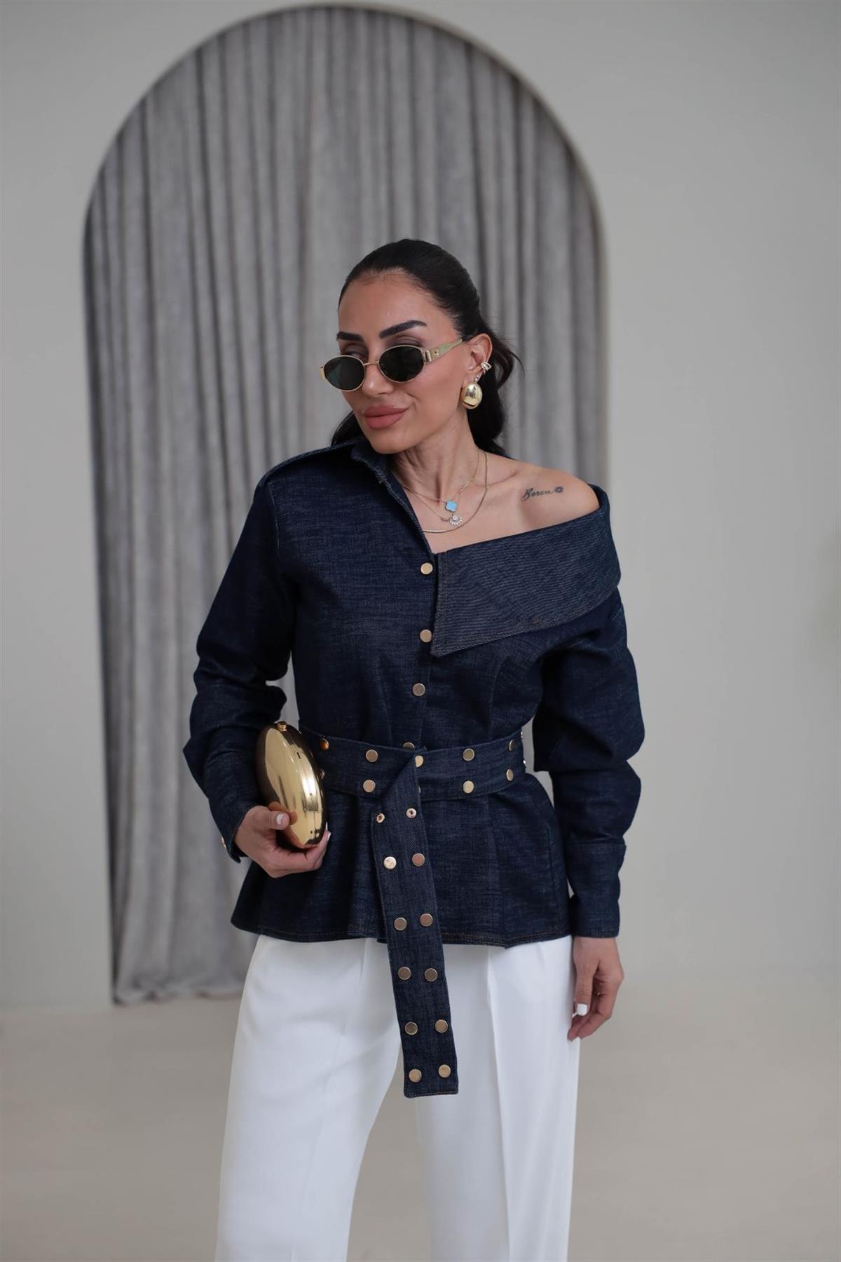 7027 Tasarım Kuşaklı Asimetrik Kot Gömlek LACİVERT