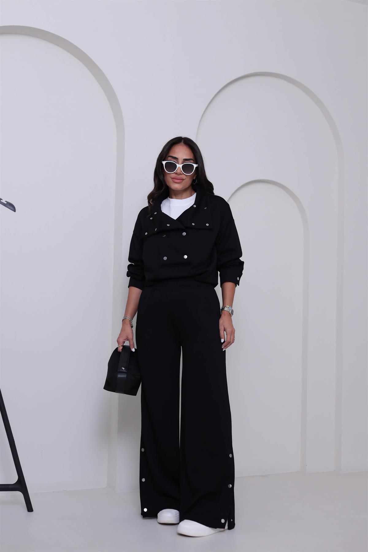 6704 Dik Yaka Çıtçıt Detaylı Modal Takım SİYAH