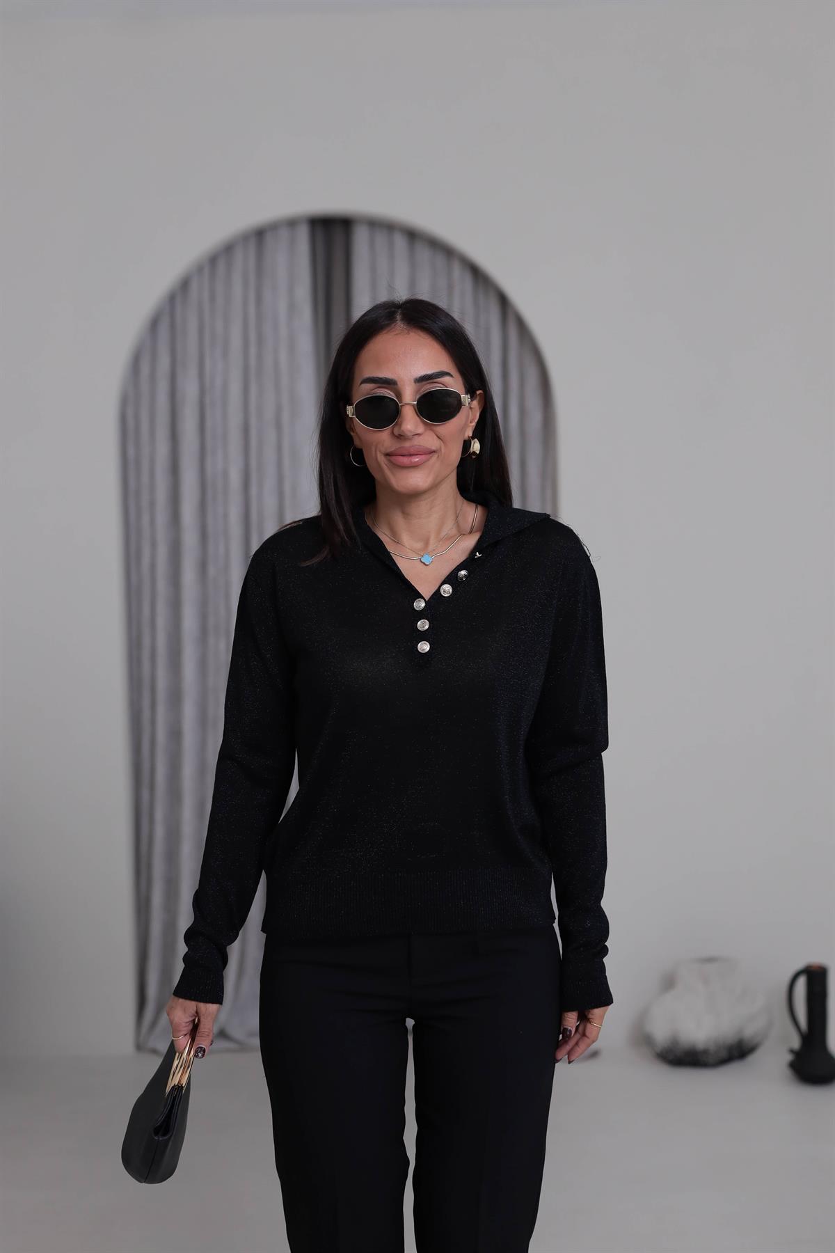 Simli Polo Yaka Bluz SİYAH