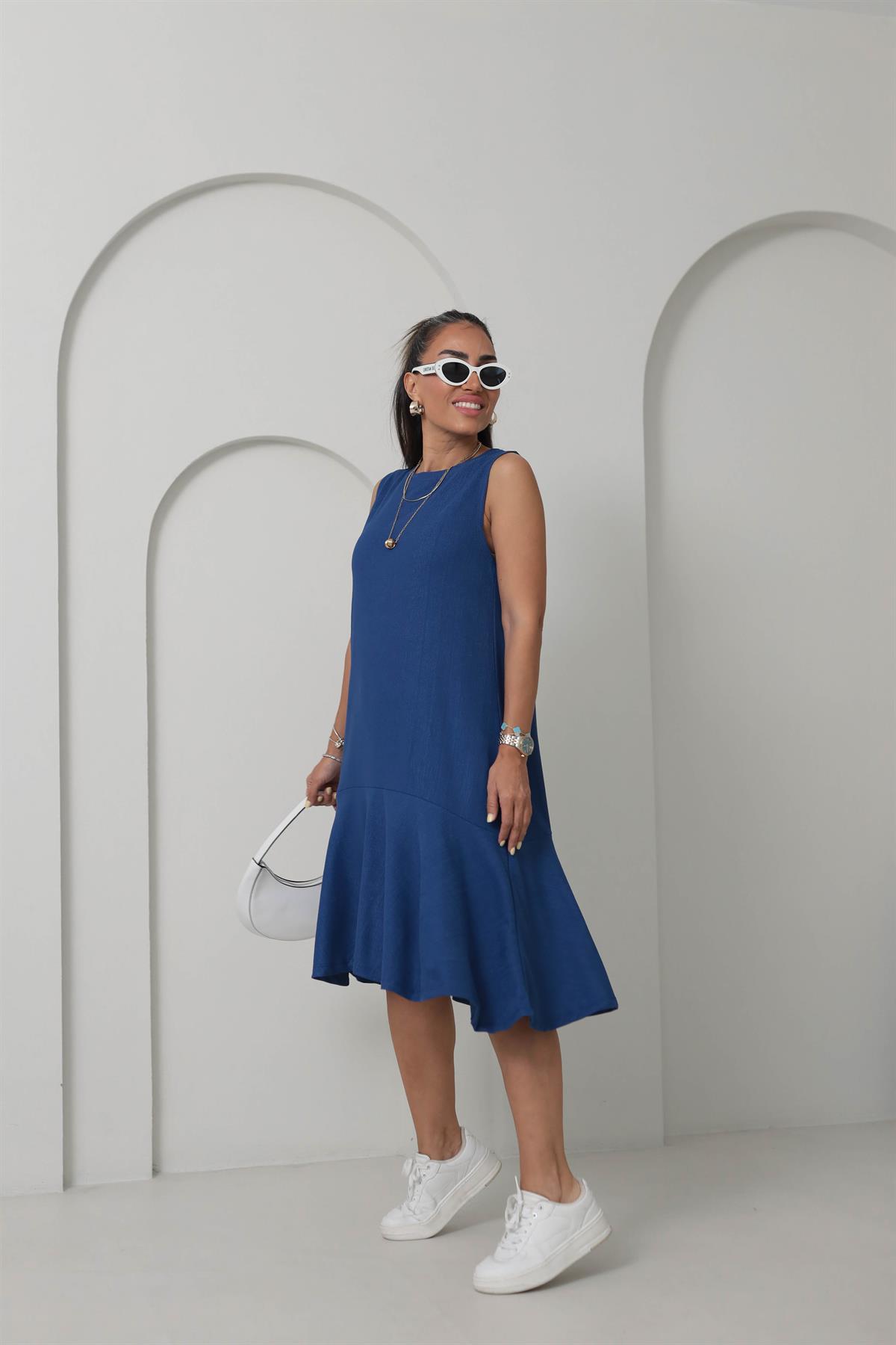 A9901 Eteği Volanlı Kolsuz Elbise Indigo