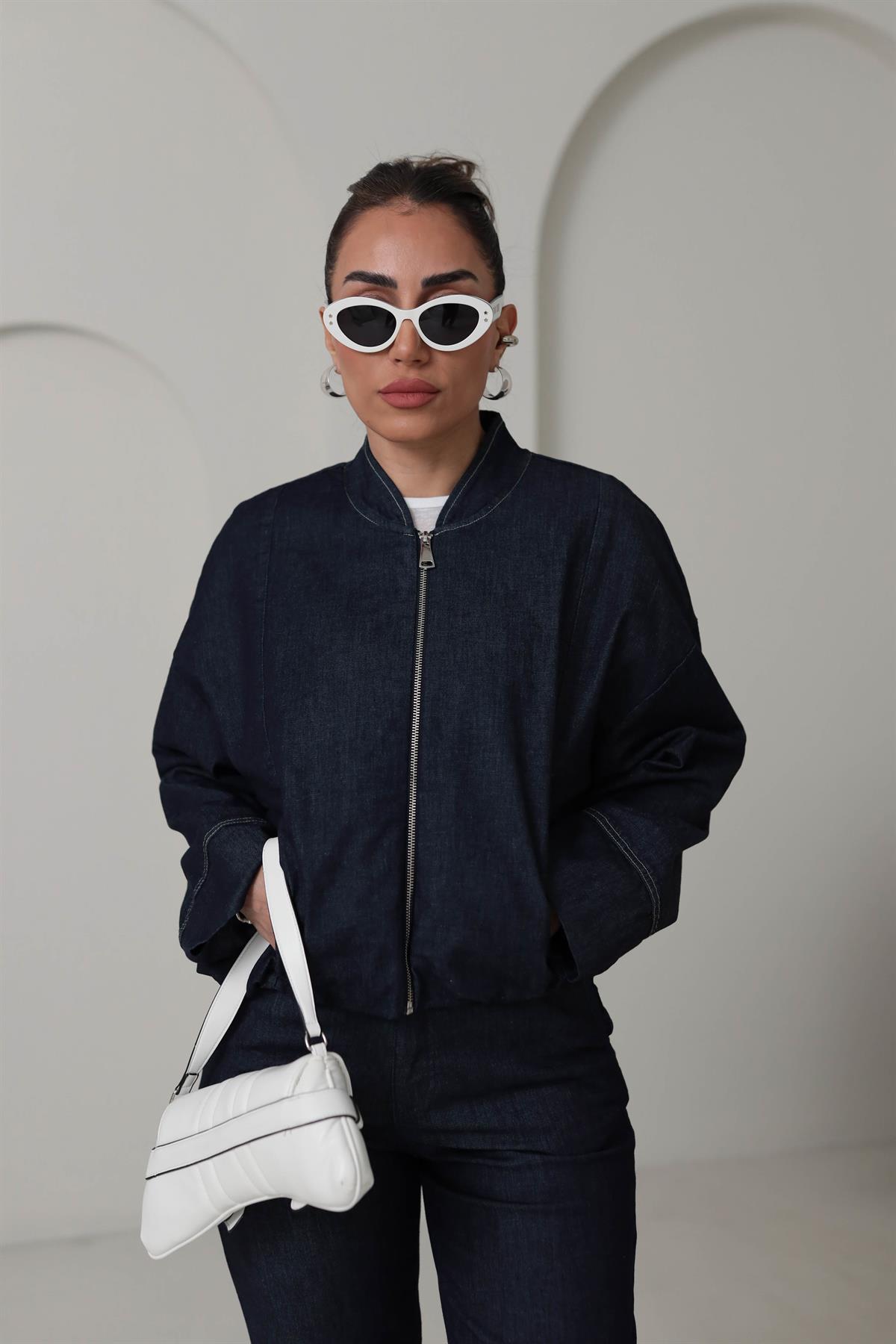 7050 Fermuarlı Etek Ucu Lastikli Denim Bomber Ceket LACİVERT