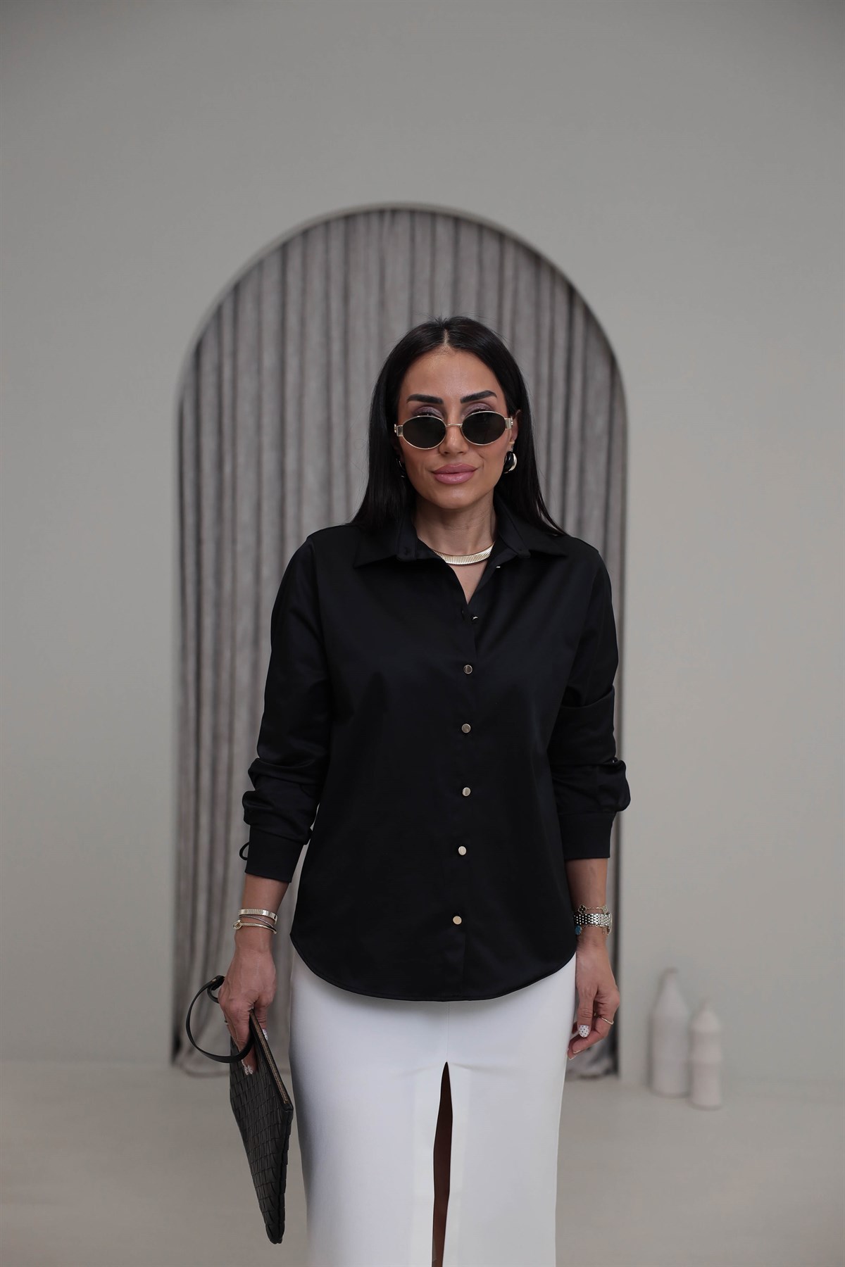 7543 Gold Düğme Detaylı Gömlek SİYAH
