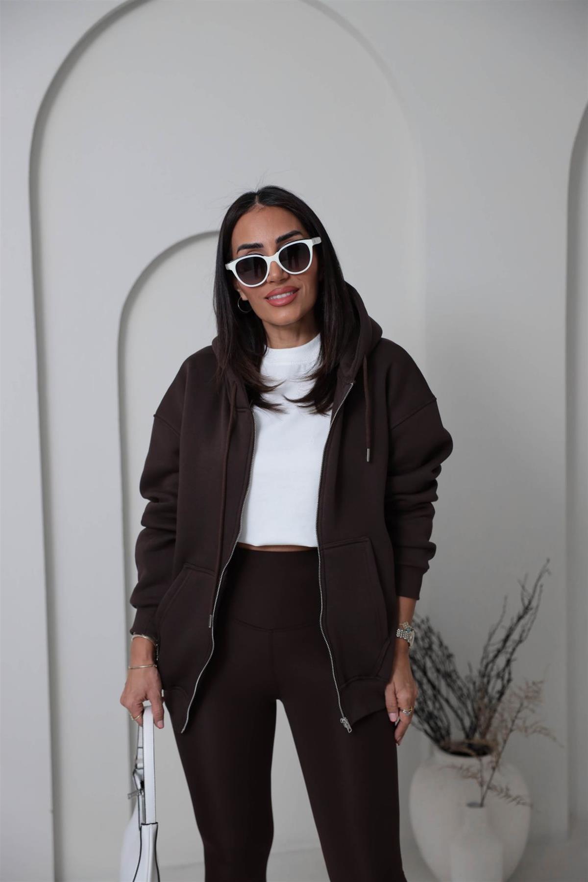 1003 3 İplik Şardonlu Kapşonlu Fermuarlı Ceket KAHVE