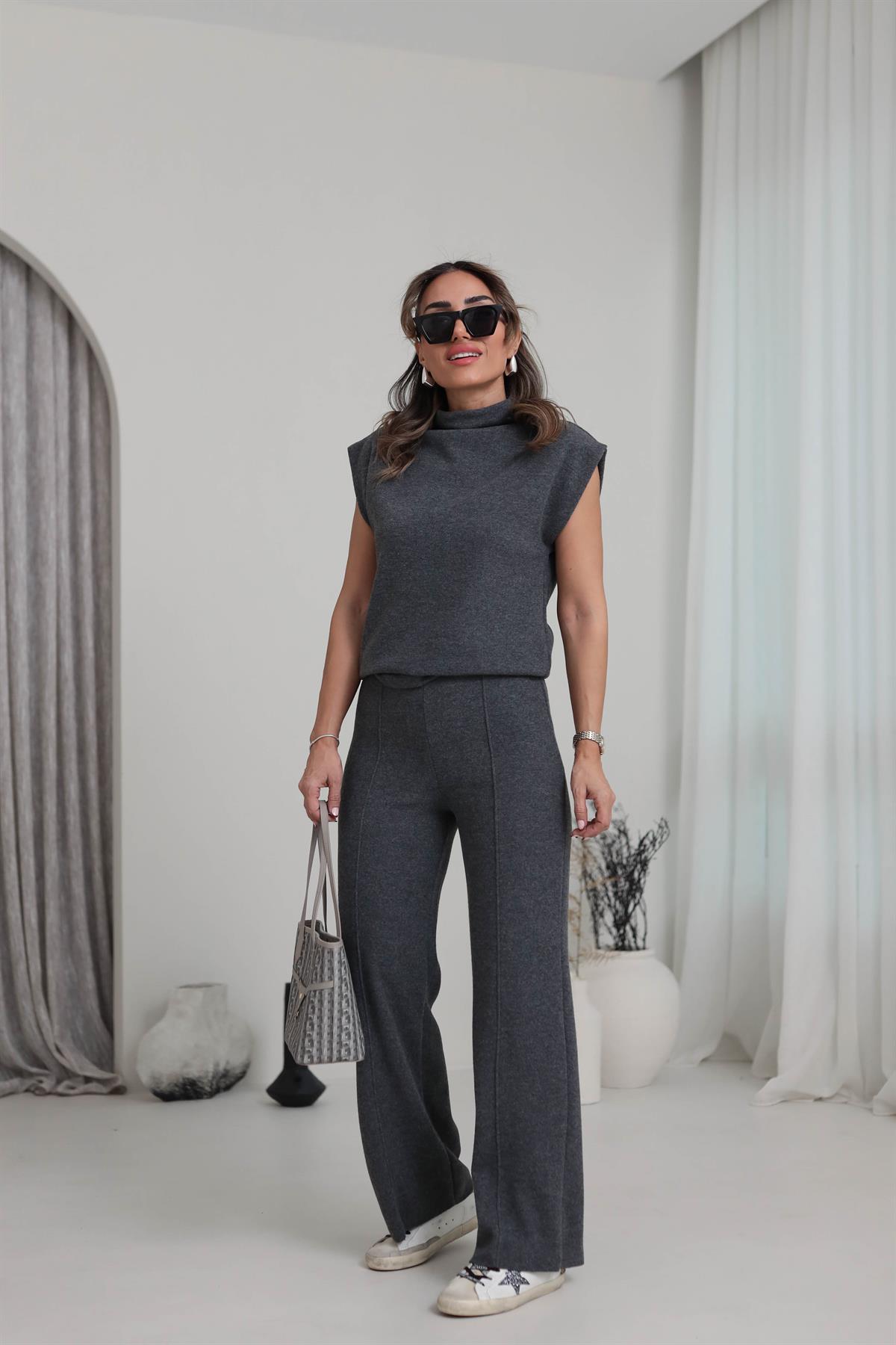 1819 Önü Çimalı Örme Kumaş Rahat Pantolon ANTRASİT