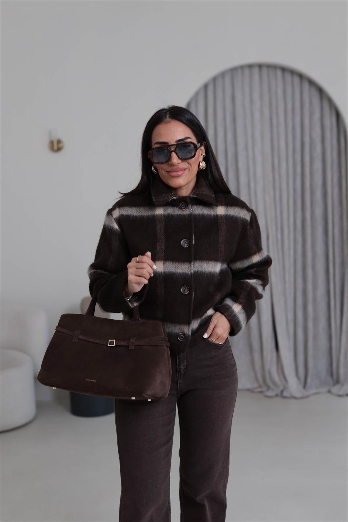 5115 Arkası Büzgü Detaylı Ekose Astarlı Ceket ACI KAHVE