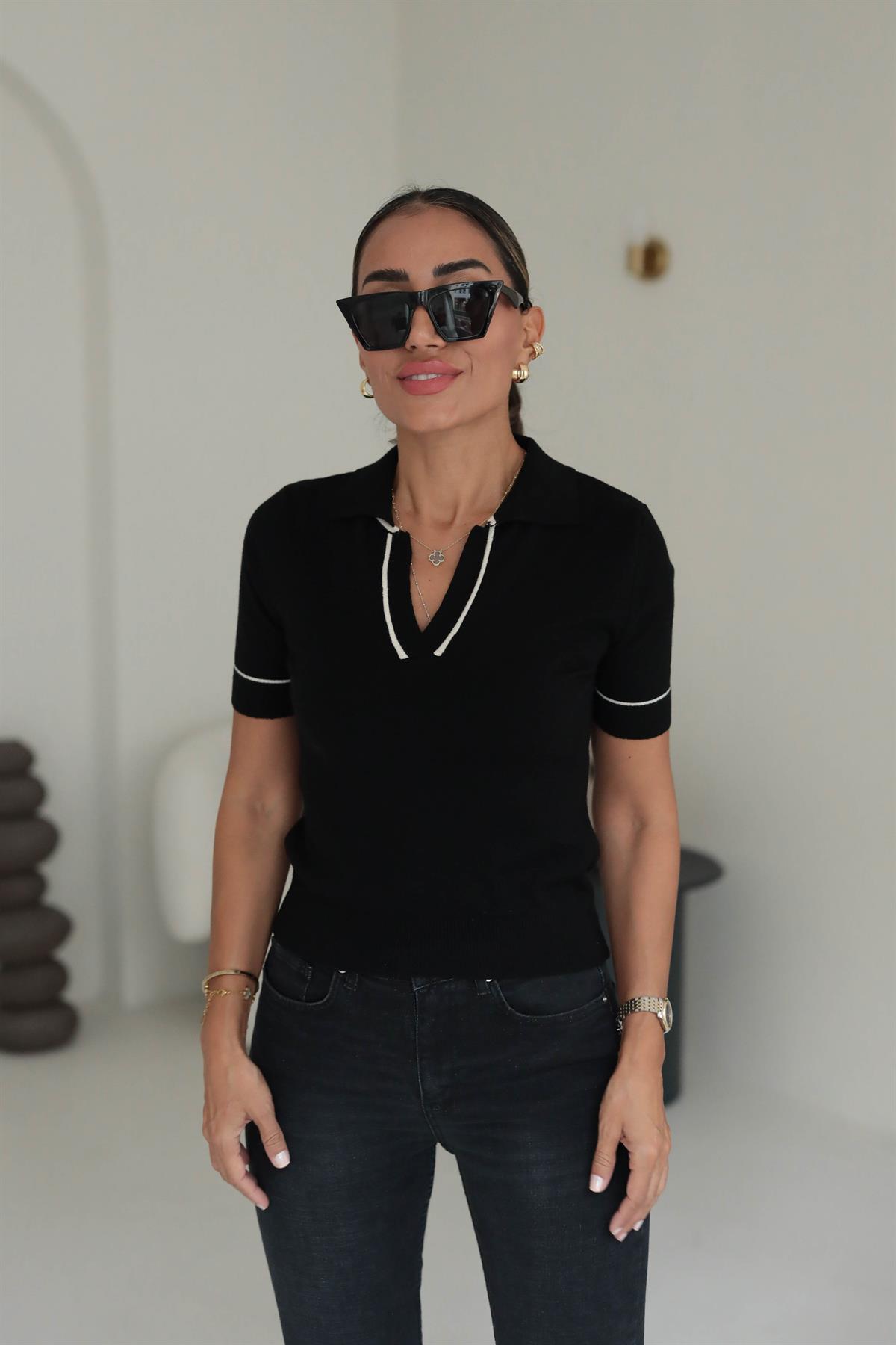 4372 Renk Biyeli Polo Yaka Kısa Kol Triko