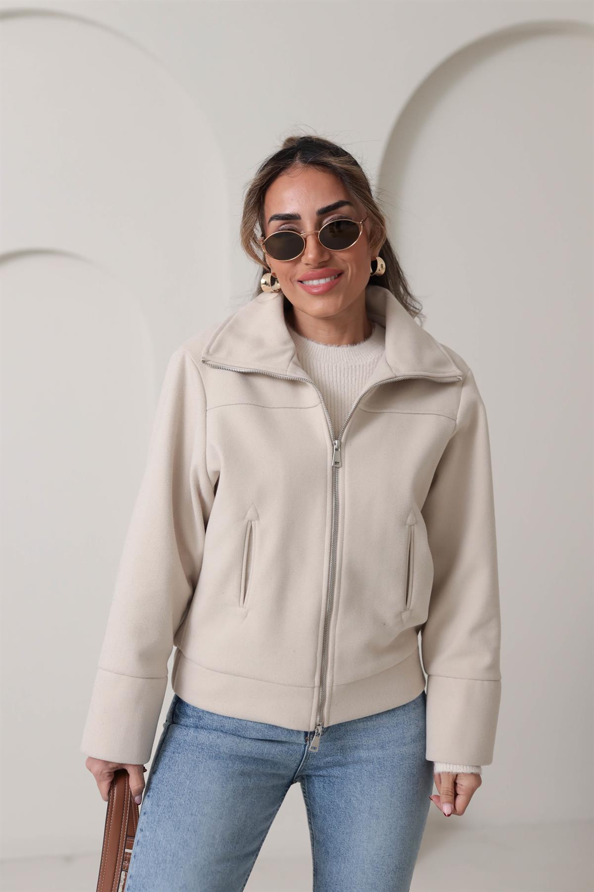 9567 Fermuarlı Kaşe Mont TAŞ