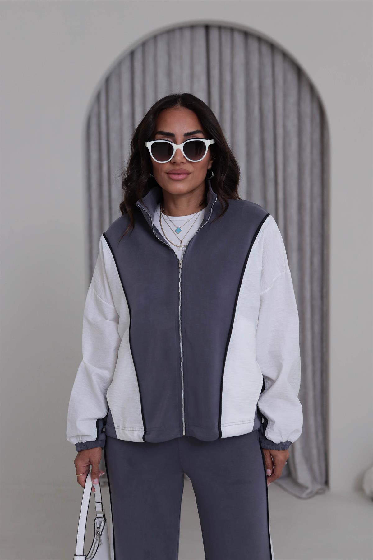 5713 Renk Bloklu Garnili Modal Takım GRİ-BEYAZ