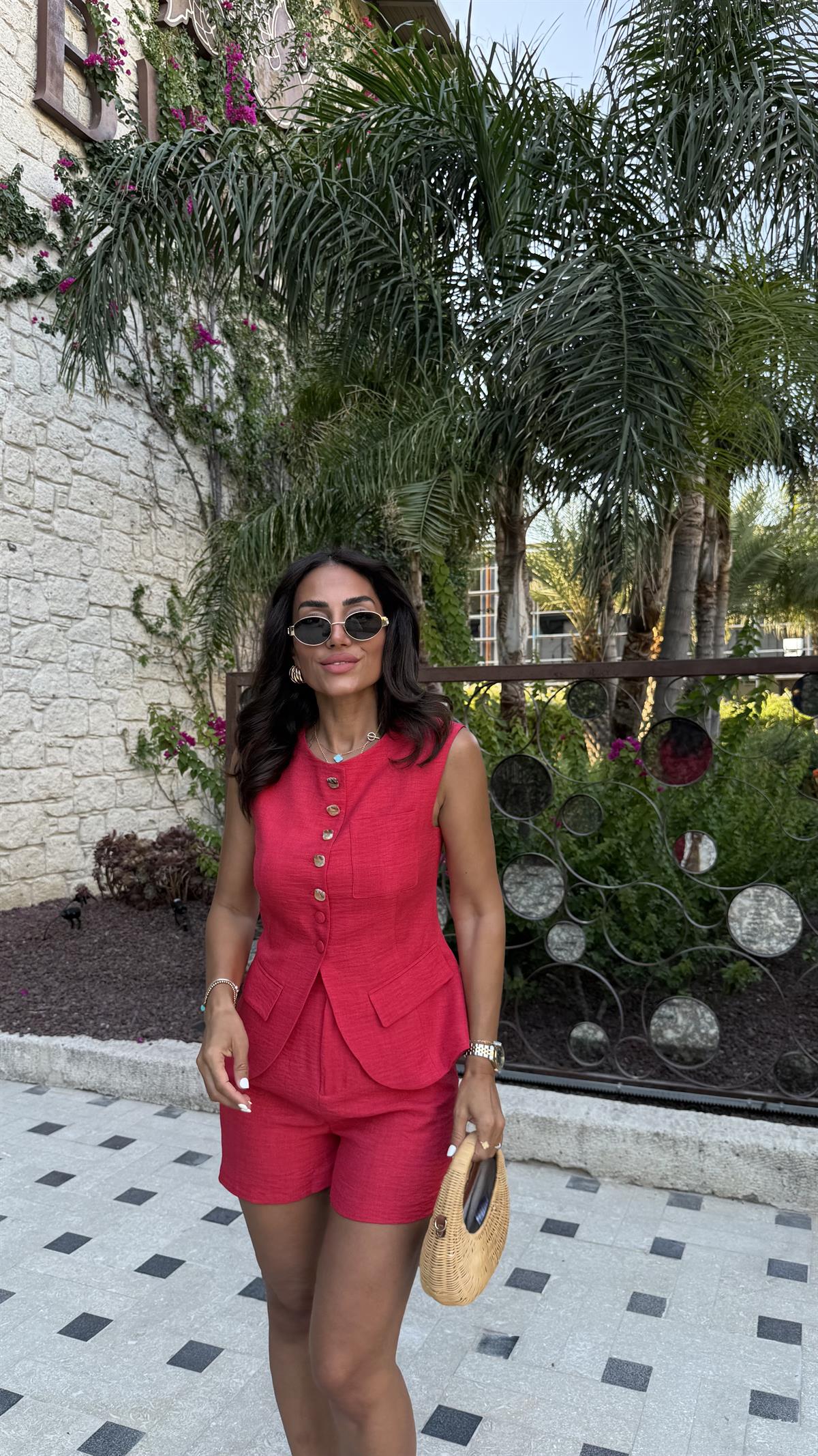 0284 Düğme Detaylı Dokuma Yelek & Şort Takım KIRMIZI