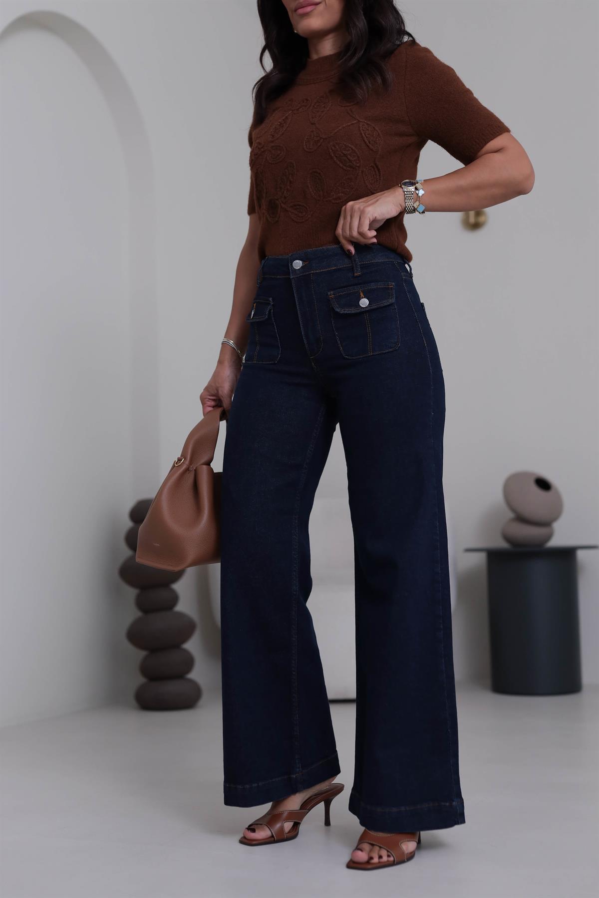 5754 Cep Kapaklı Bol Paça Likralı Jean LACİVERT