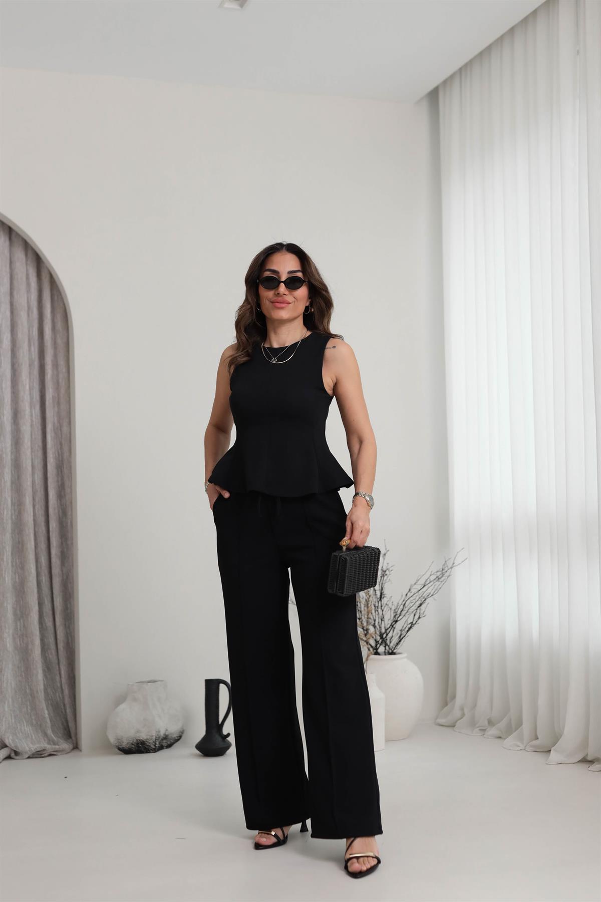 7169 Sıfır Kol Örme Bluz Pantolon Takım SİYAH