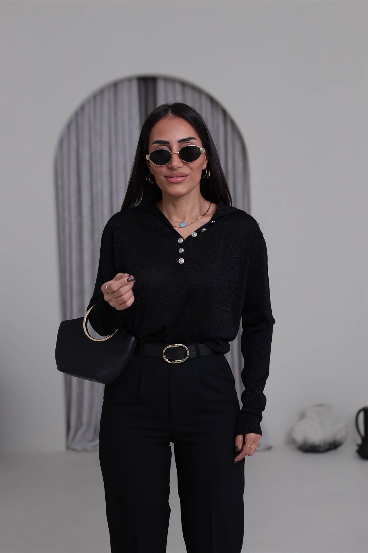 Simli Polo Yaka Bluz SİYAH