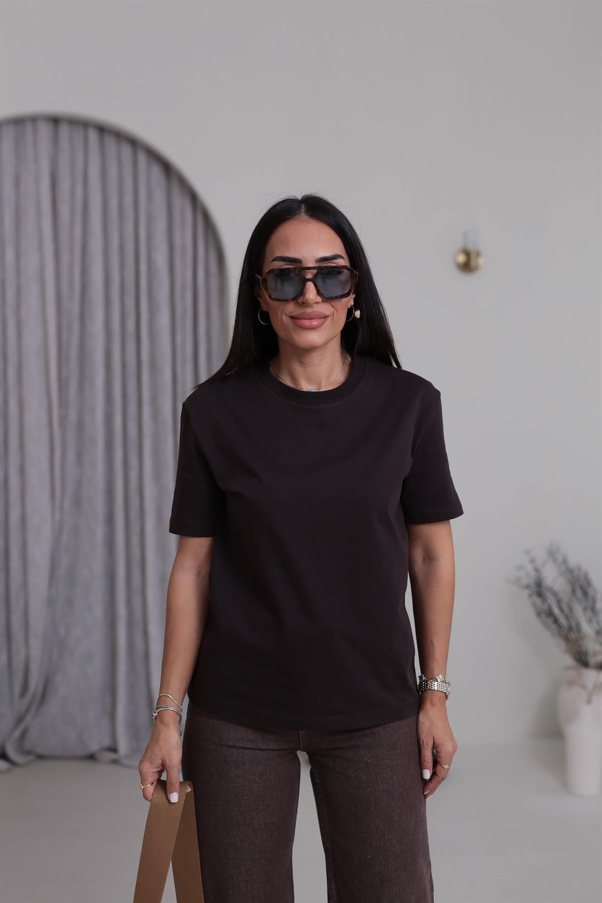 0312 Dekoratif Dikişli Pamuklu Tshirt KOYU KAHVE