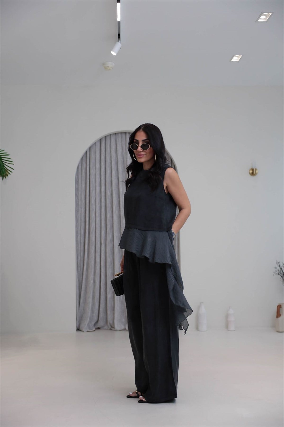 1391 Yandan Bağlamalı Tencel Kolsuz Bluz Pantolon Takım ANTRASİT