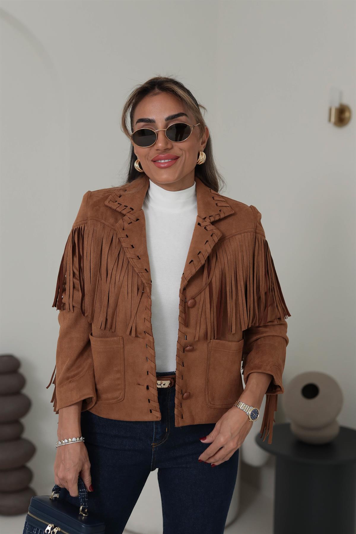 5505 Püskül Detaylı Süet Ceket TABA