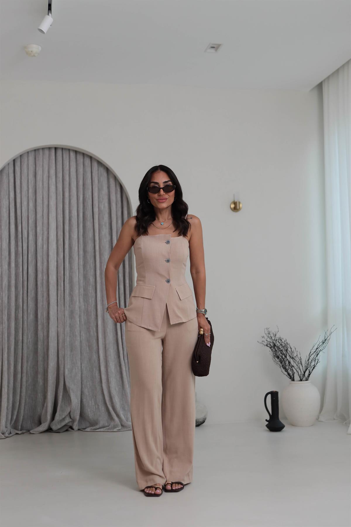 0288 Askıları Ayarlanabilir Tencel Keten Yelek & Pantolon Takım VİZON