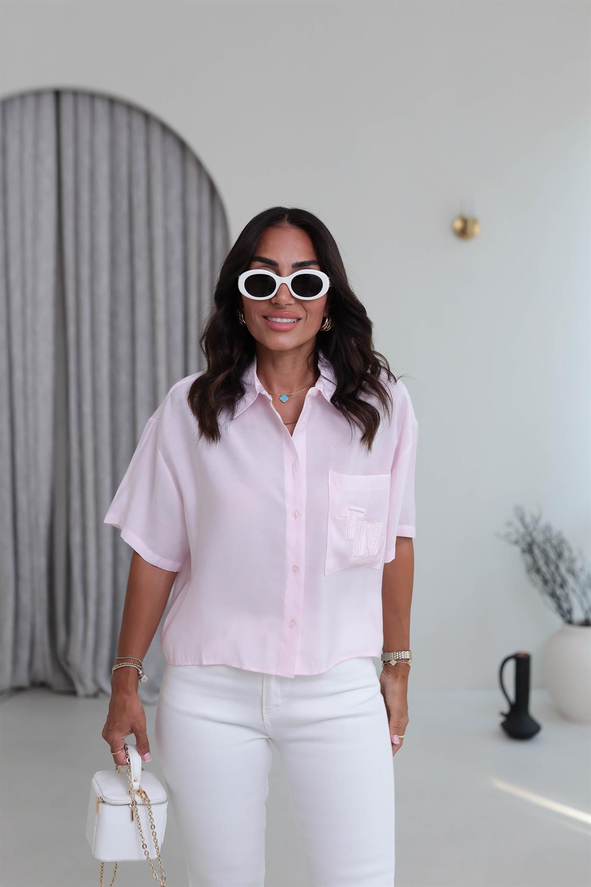 1261 Cep Nakış İşlemeli Tencel Kısa Kol Gömlek PEMBE