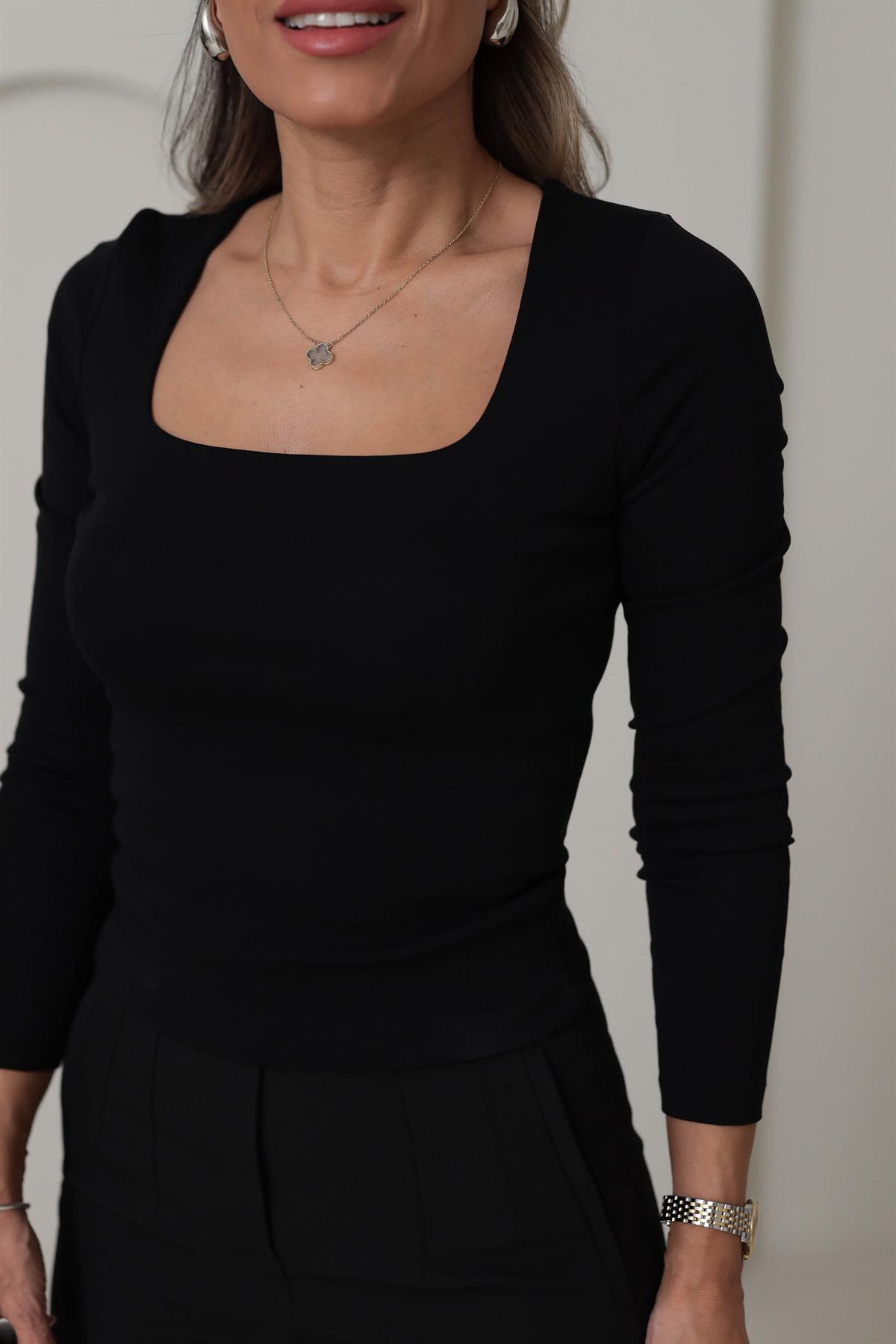 4132 Kare Yaka Pamuklu Uzun Kol Bluz SİYAH