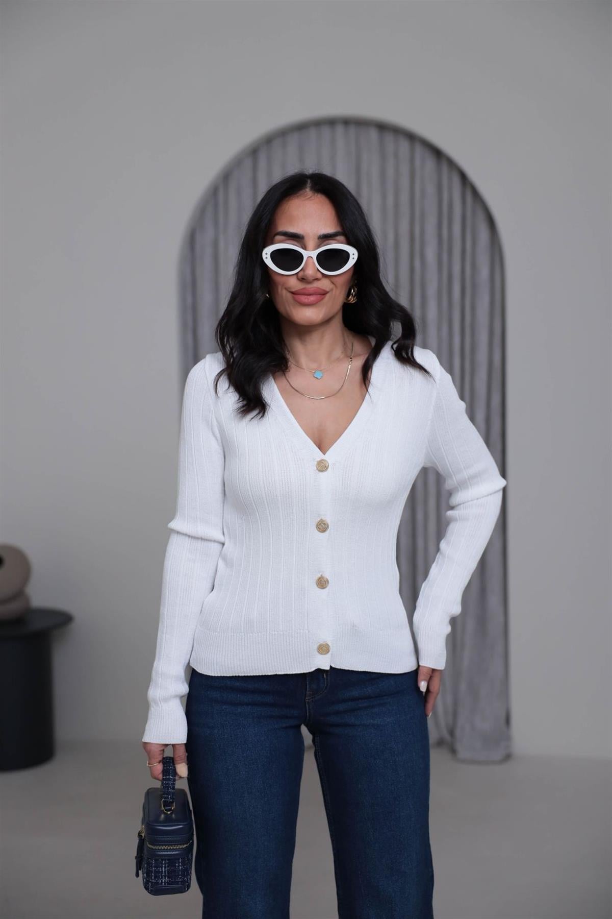 4883 Gold Düğmeli V Yaka Triko Hırka EKRU