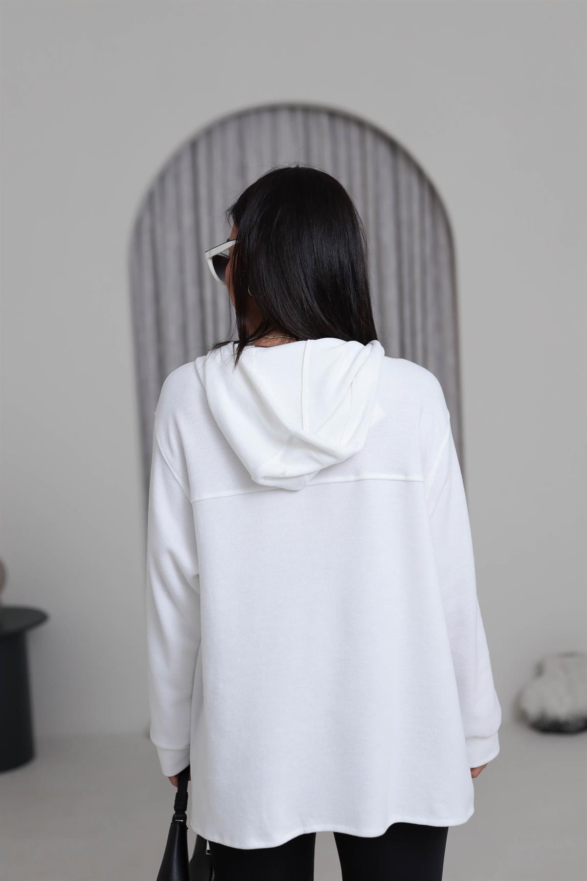 1750 Yaka Detay Selanik Kapşonlu Sweatshirt BEYAZ
