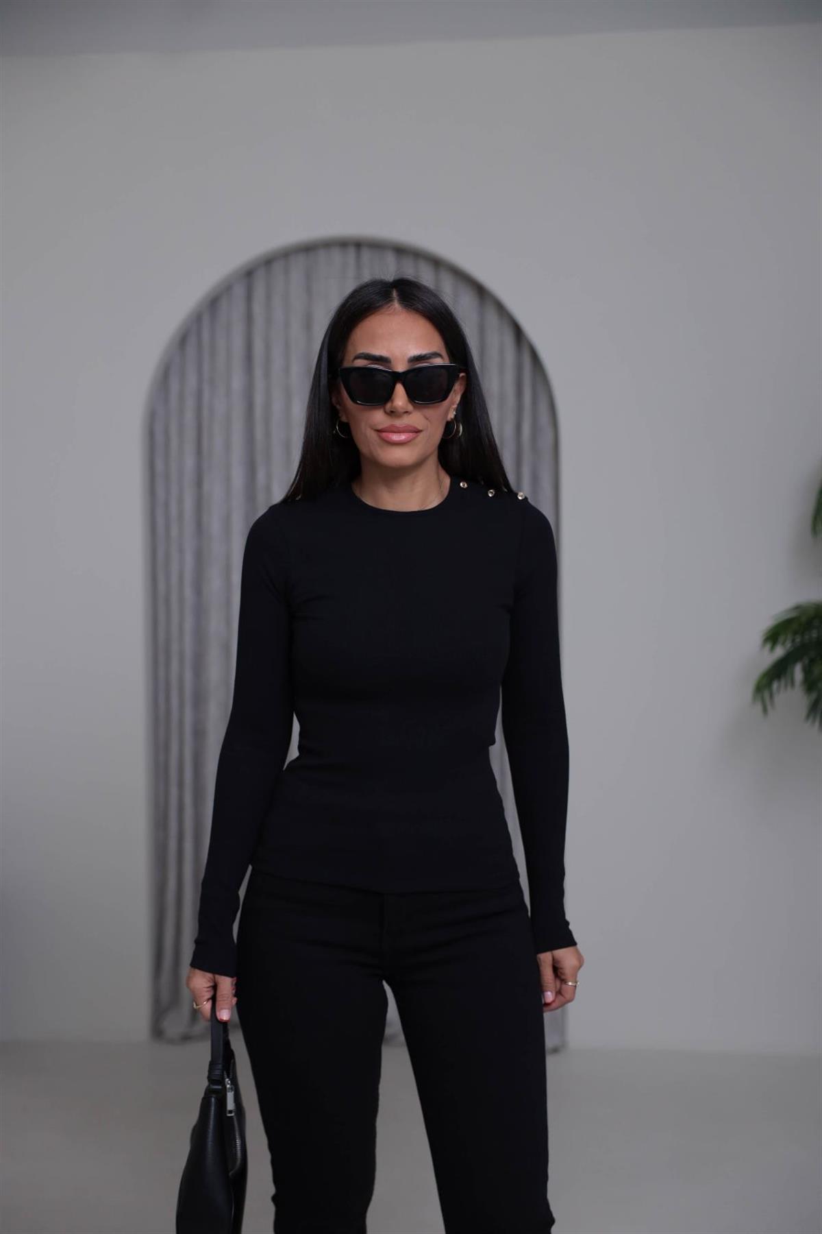 7245 Omzu Düğmeli Fitilli Bluz SİYAH