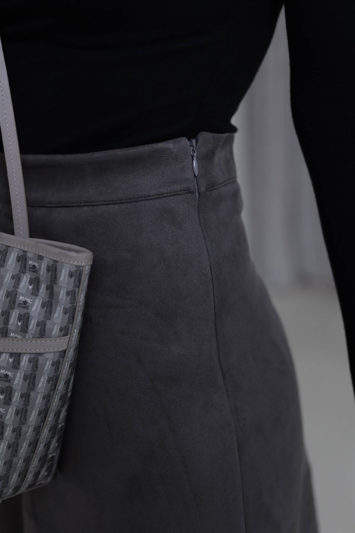 7547 Midi Boy Yüksek Bel Süet Etek GRİ