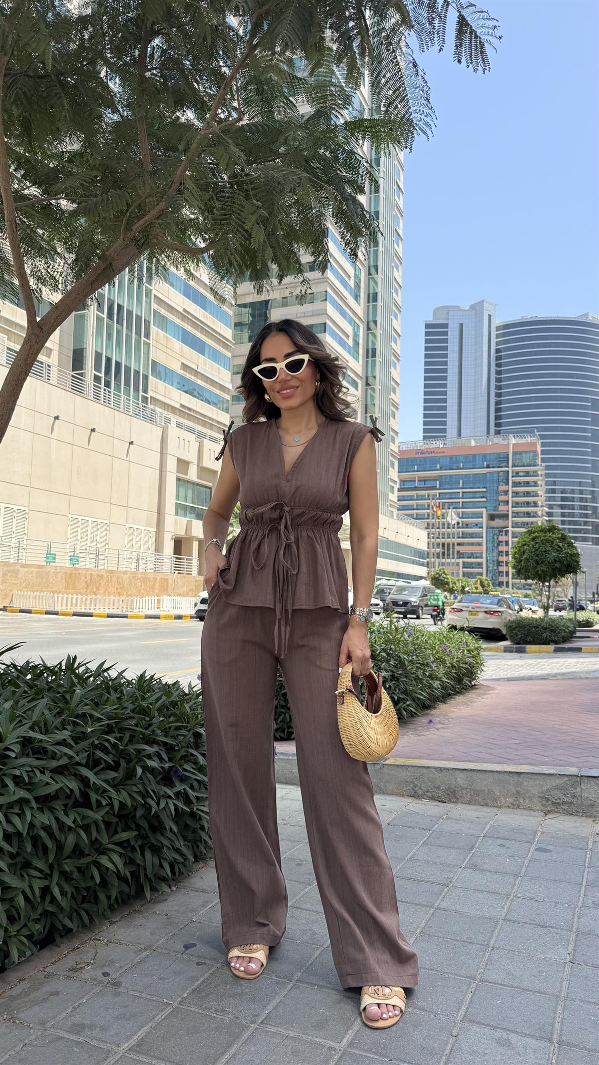 DXB Büzgü Detaylı Bel Lastikli Keten Takım KAHVE