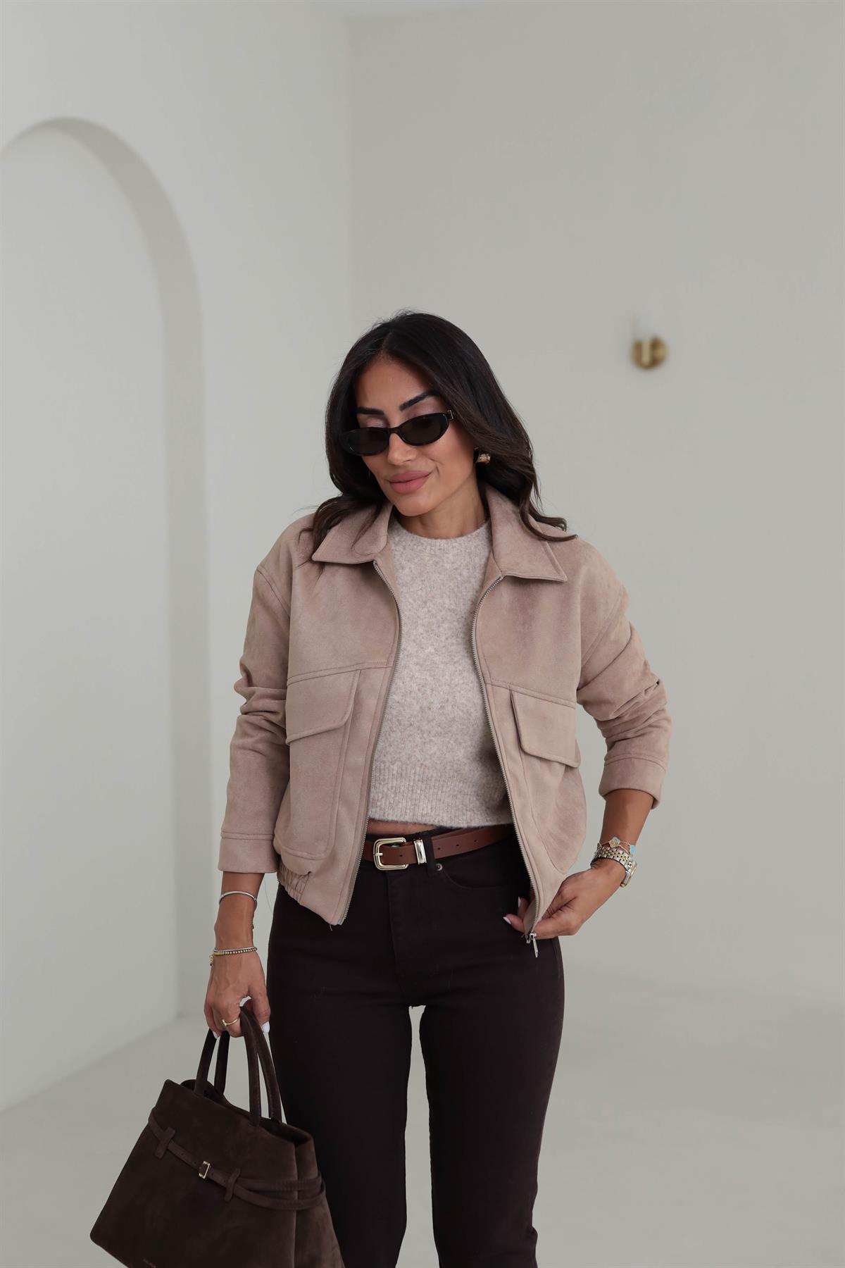 9730 Cep Detaylı Bel Lastikli Süet Bomber TABA