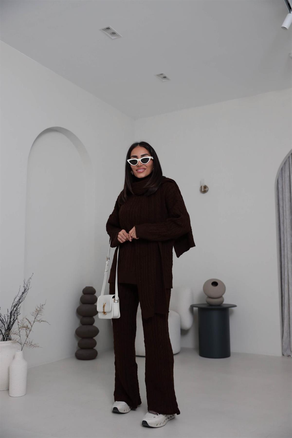 2464 Şal Detaylı Üçlü Triko Takım KAHVE