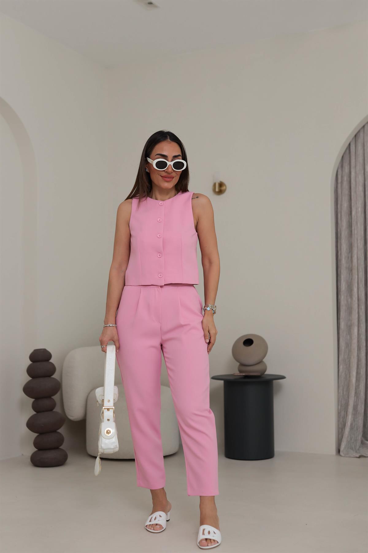 1154 Pensli Bel Lastikli Havuç Pantolon PEMBE