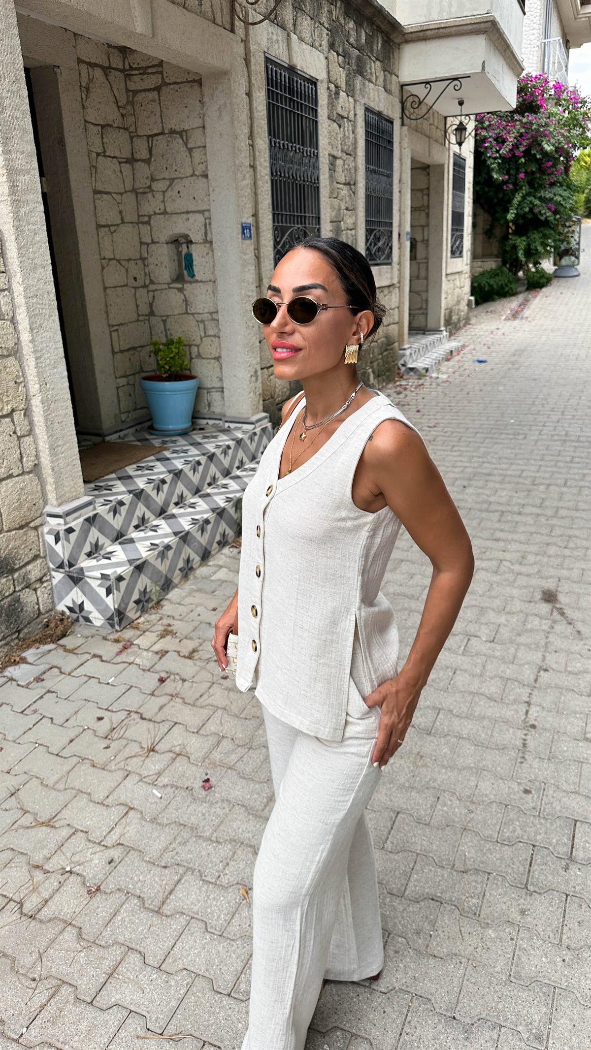 6335 Keten Önü Düğmeli Yelek