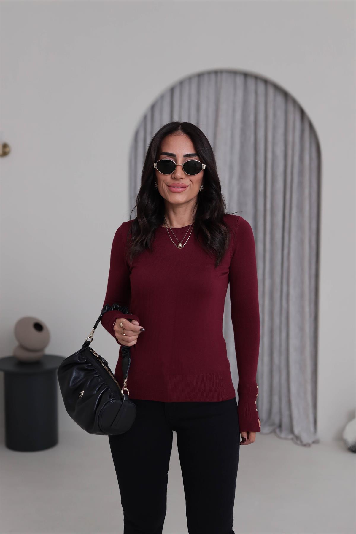 1267 Bisiklet Yaka Droplu Triko Kazak BORDO