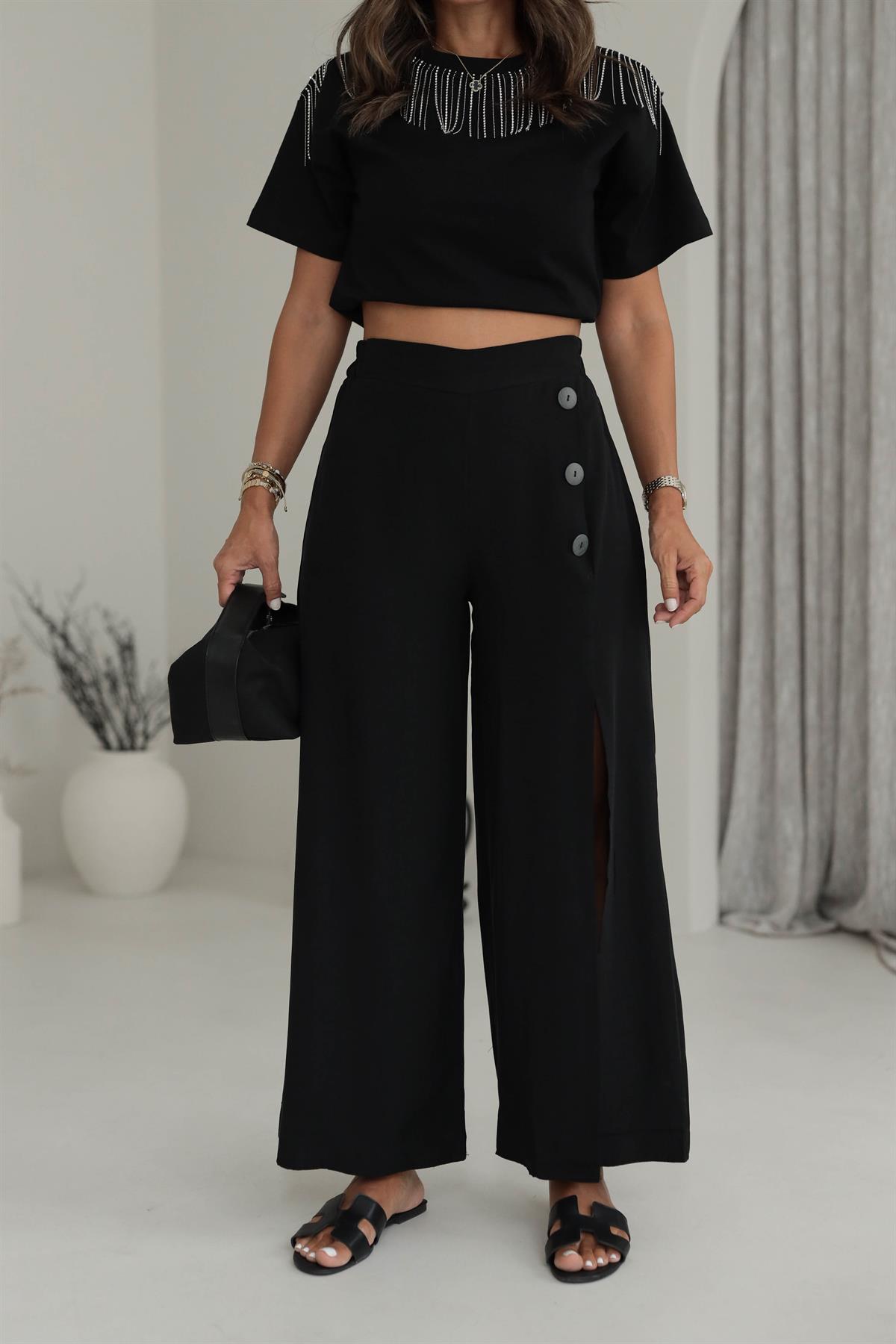 Yırtmaçlı Düğme Detaylı Tencel Pantolon