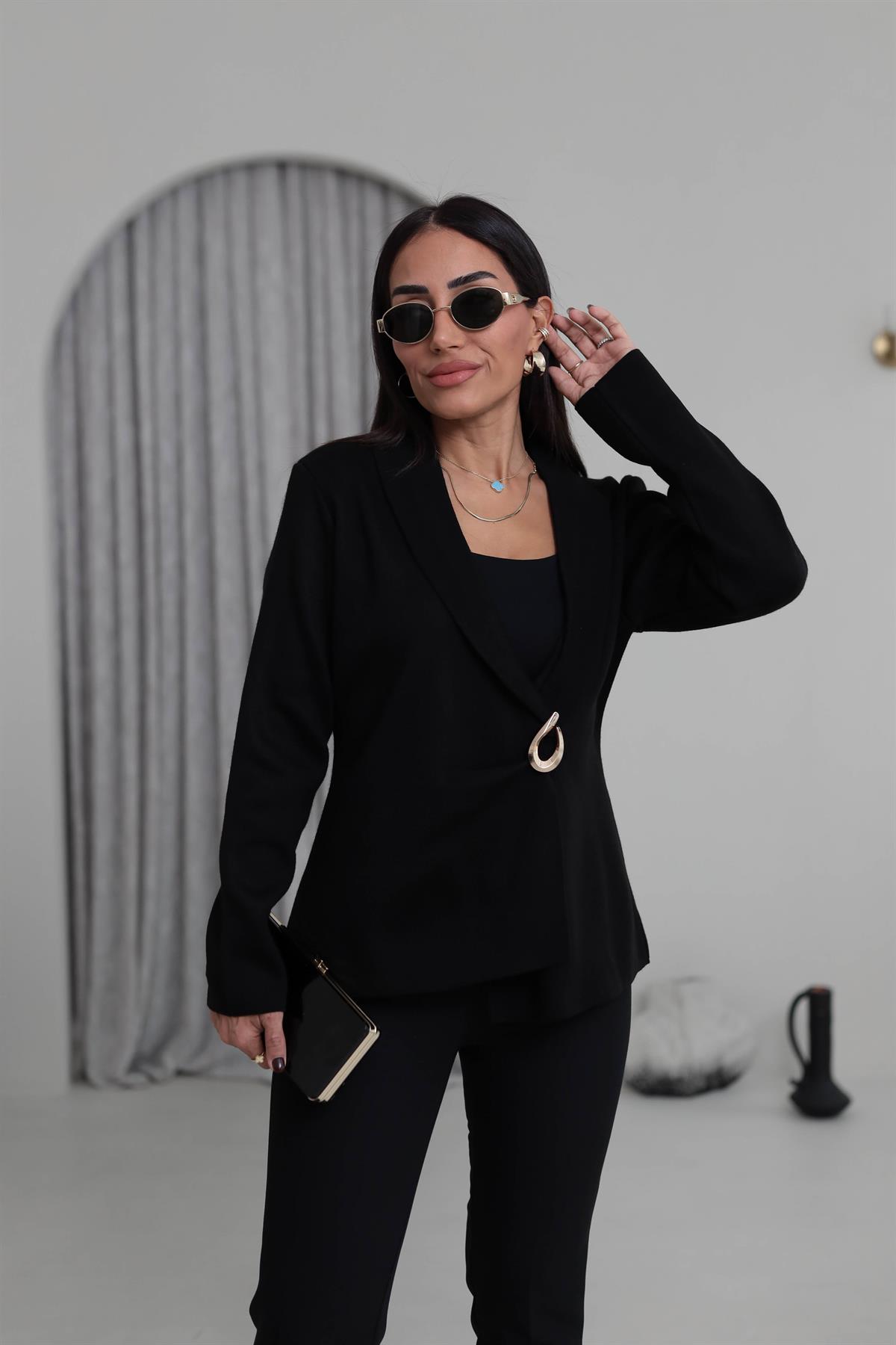 5835 Kruvaze Yaka Toka Detaylı Triko Ceket SİYAH