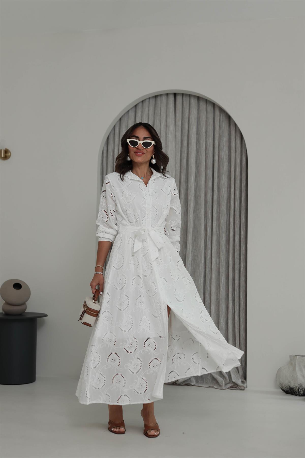 8227 Kuşaklı Güpürlü Uzun Elbise BEYAZ
