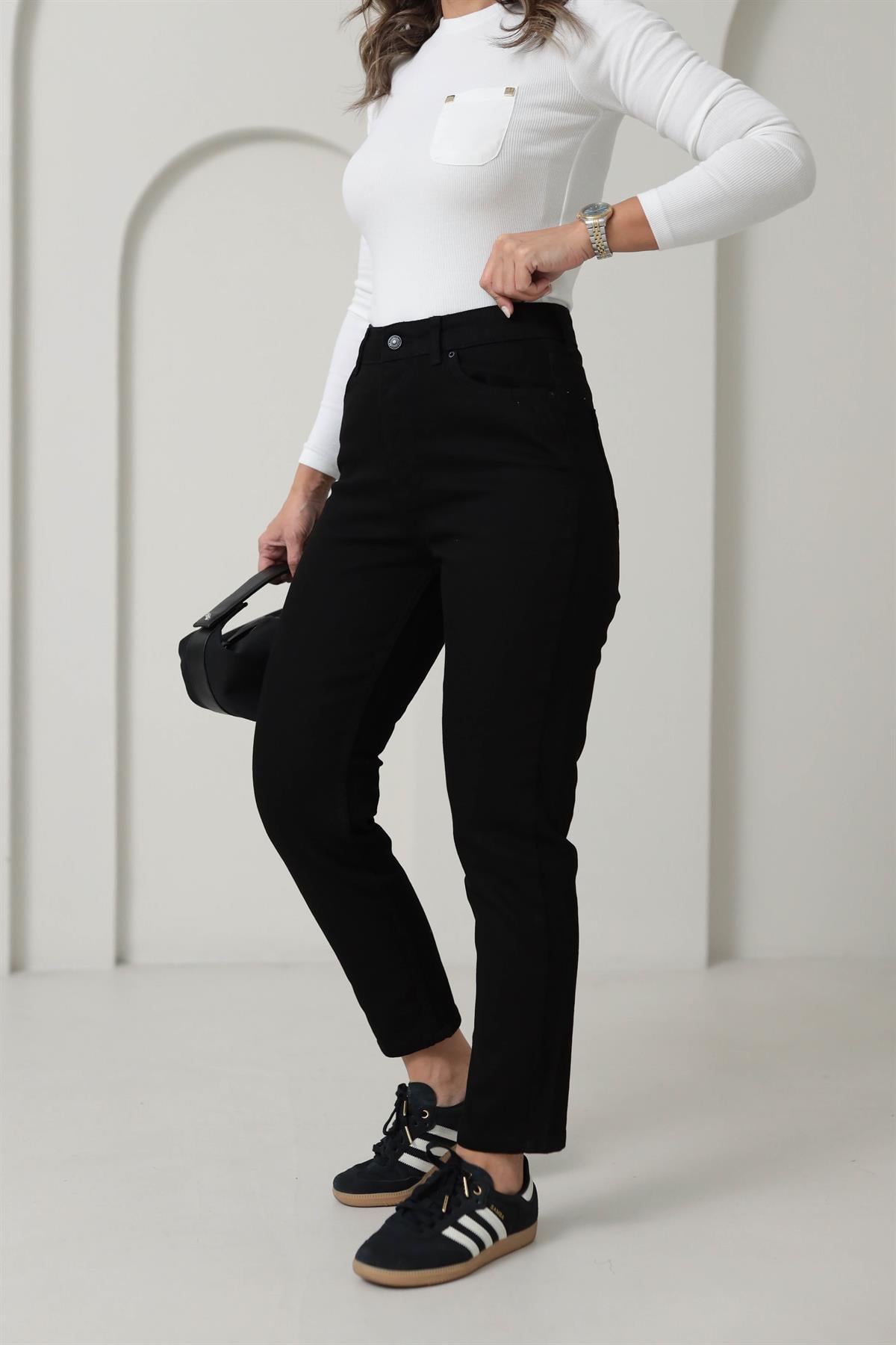 1002 Mom Fit Likralı Jean SİYAH