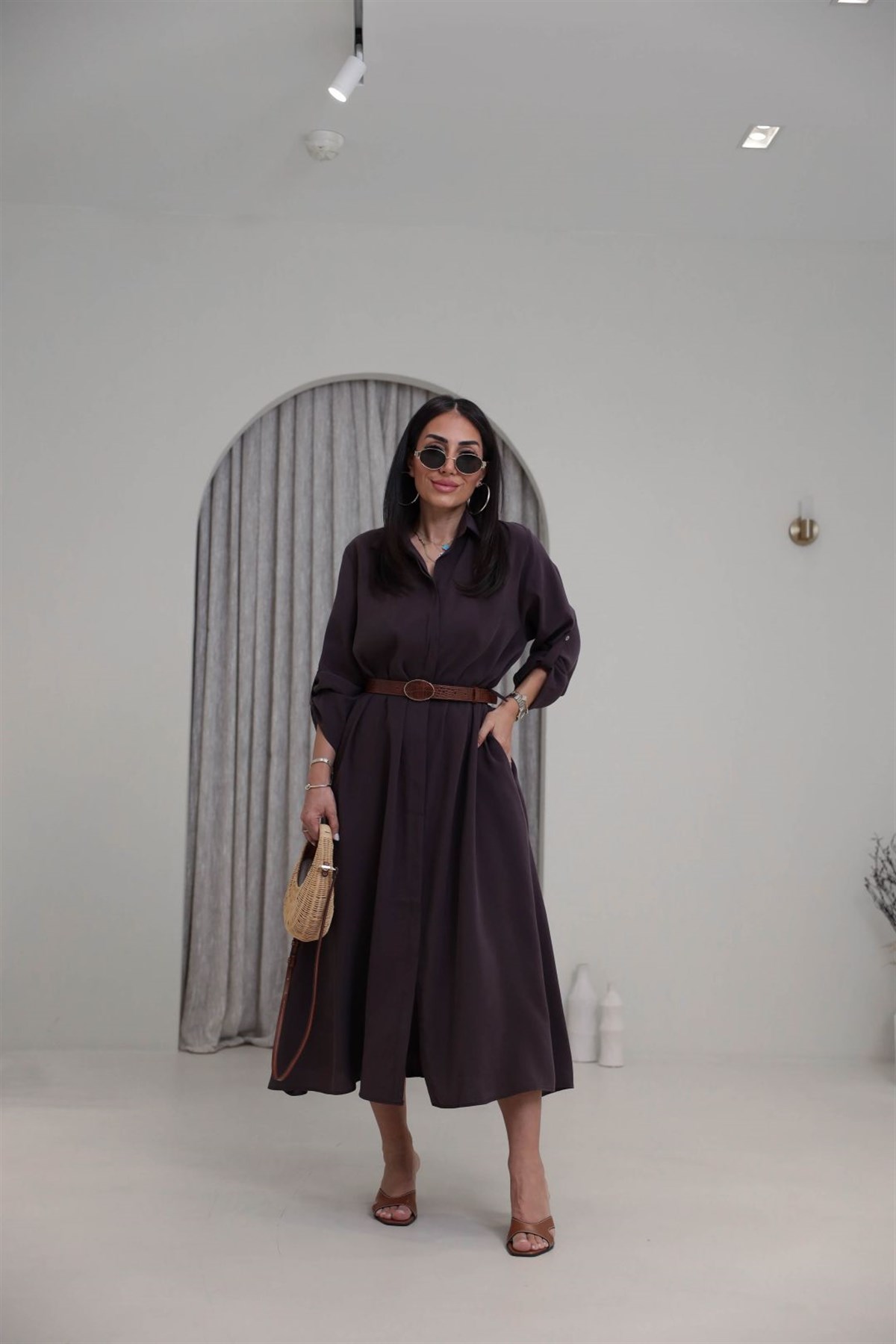 3270 Kemer Detaylı Tencel Kumaş Gömlek Elbise MÜRDÜM