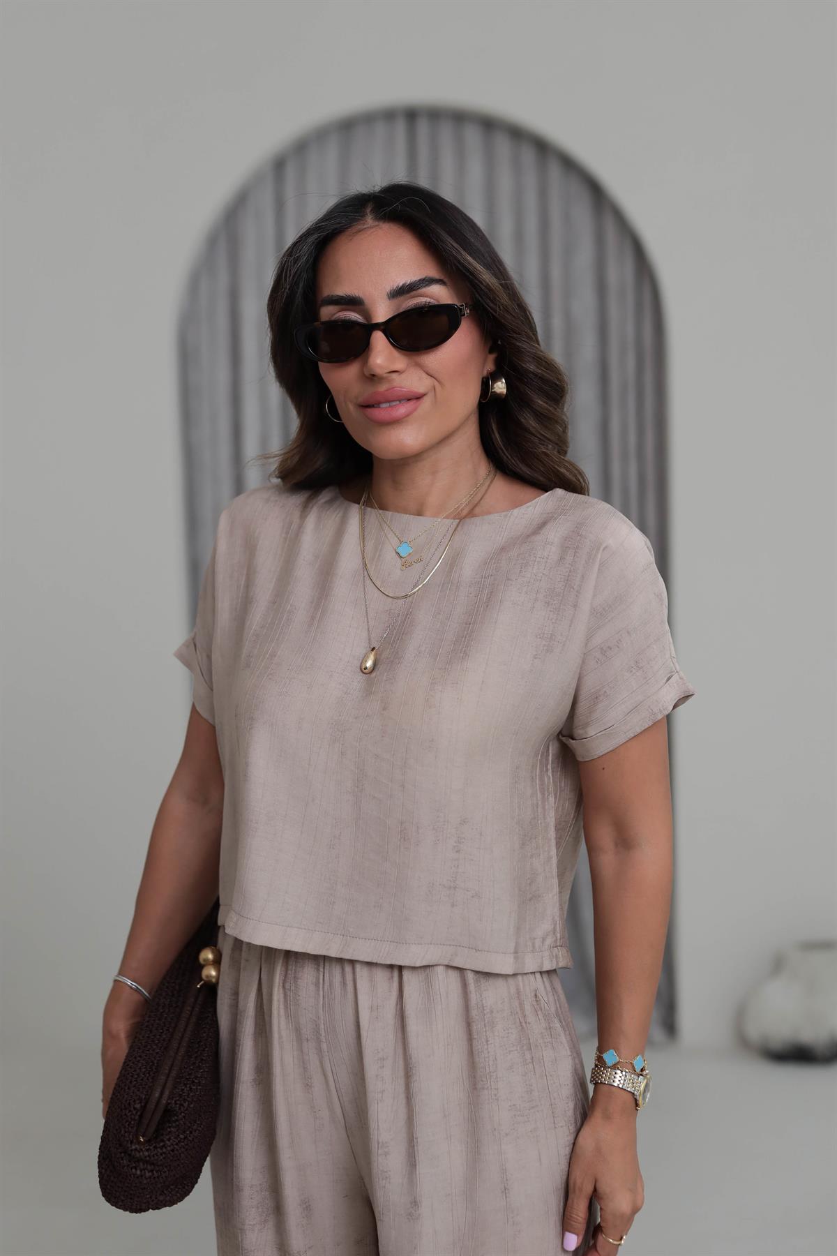 0450 Düşük Omuz Bluz Ve Geniş Paça Pantolon Takım VİZON