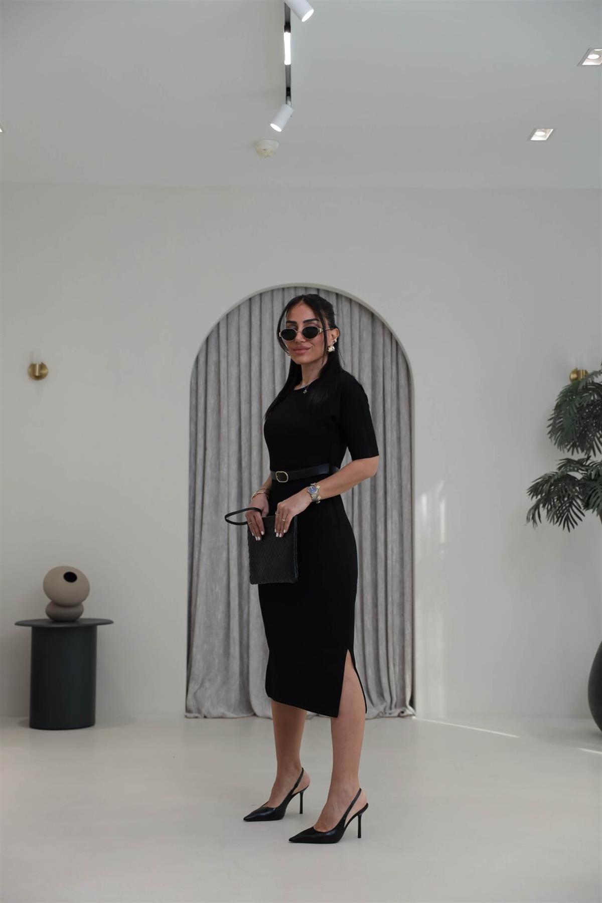 1484 Kemerli Modal Elbise SİYAH