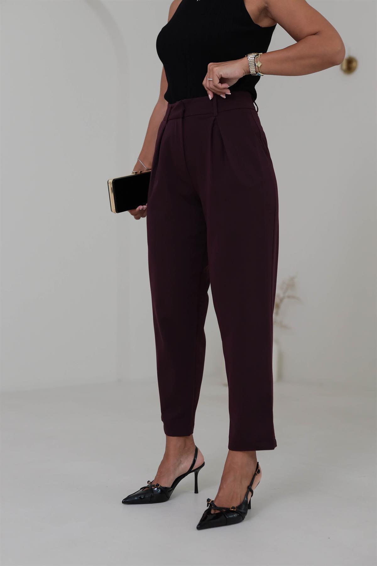 1207 Pile Detaylı Havuç Pantolon MÜRDÜM