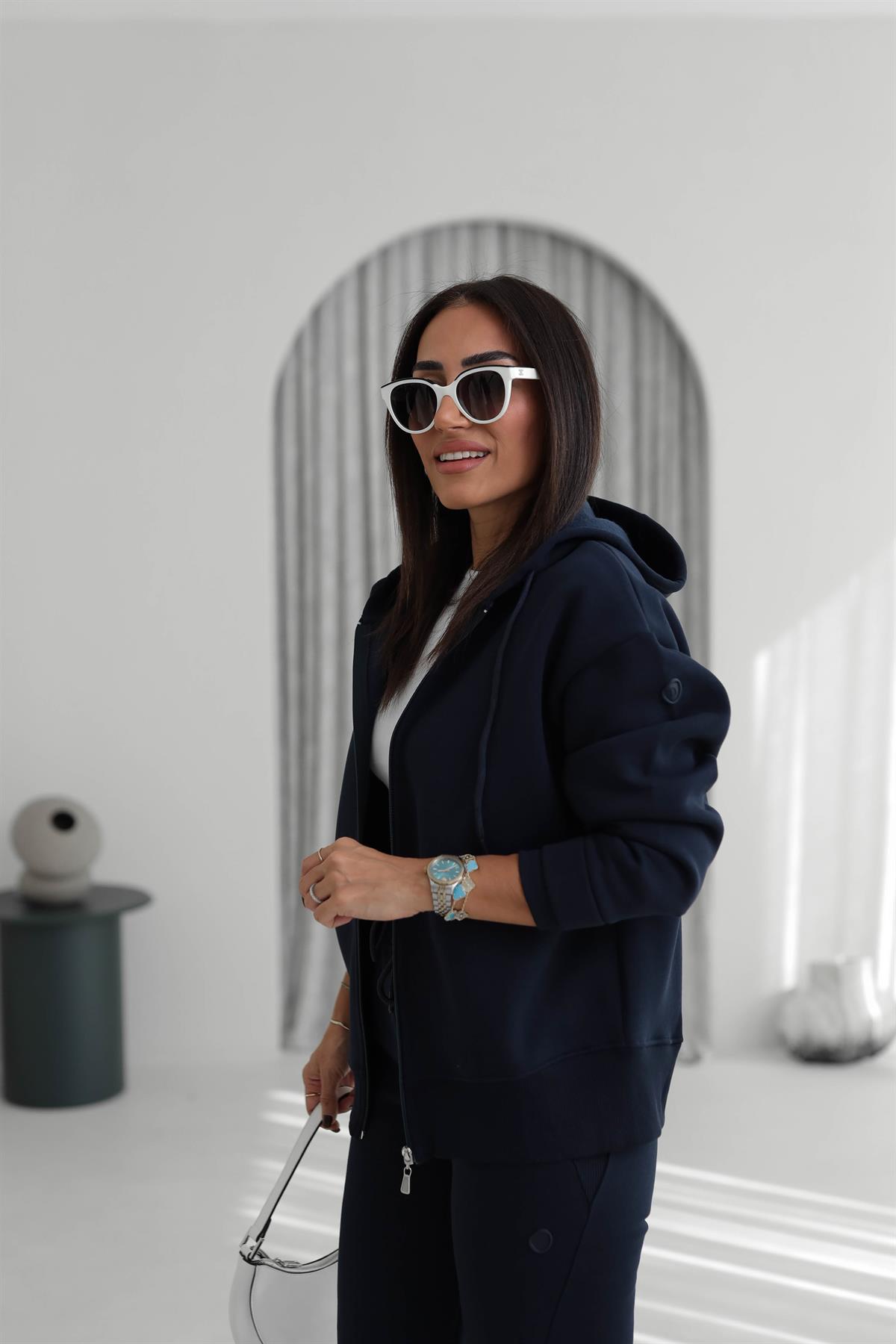 7316 Kapşonlu Fermuarlı Şardonlu Sweatshirt LACİVERT