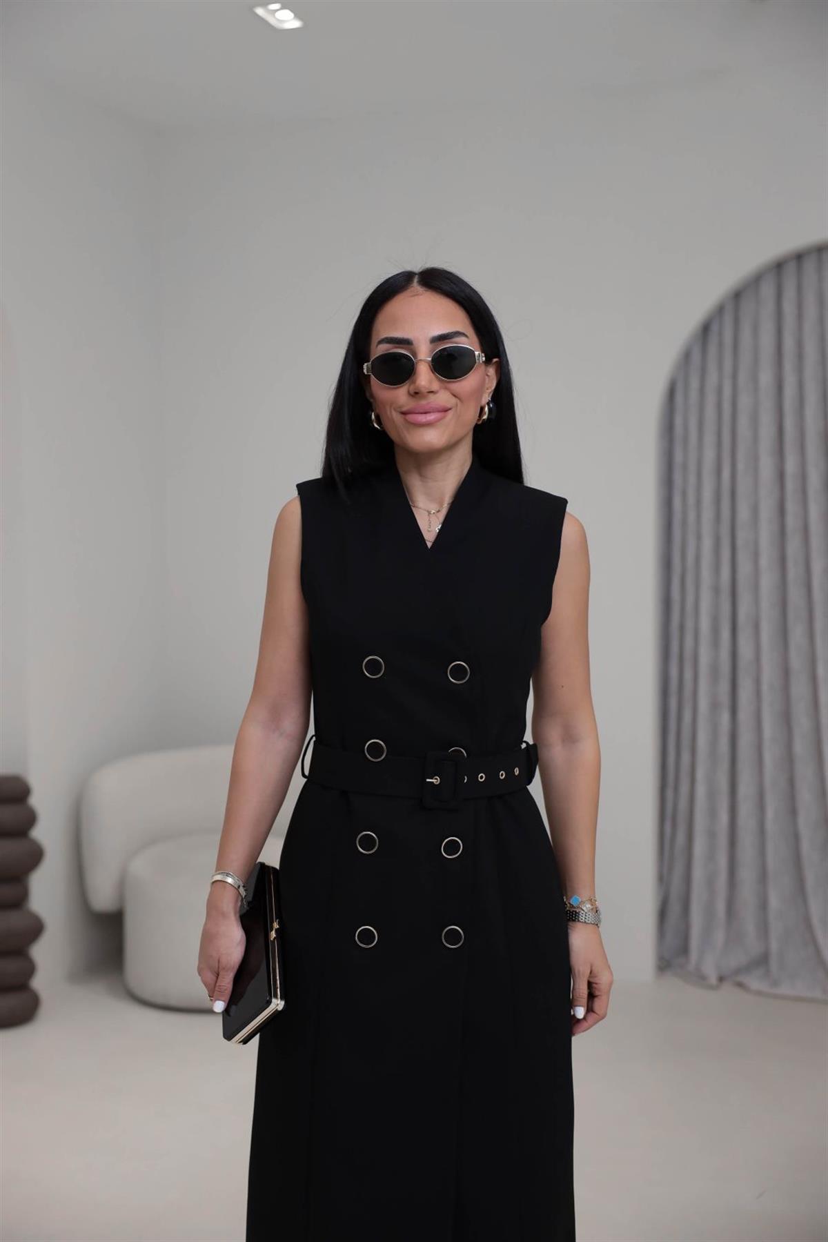 7175 Vatkalı Düğme ve Kemer Detaylı Elbise SİYAH