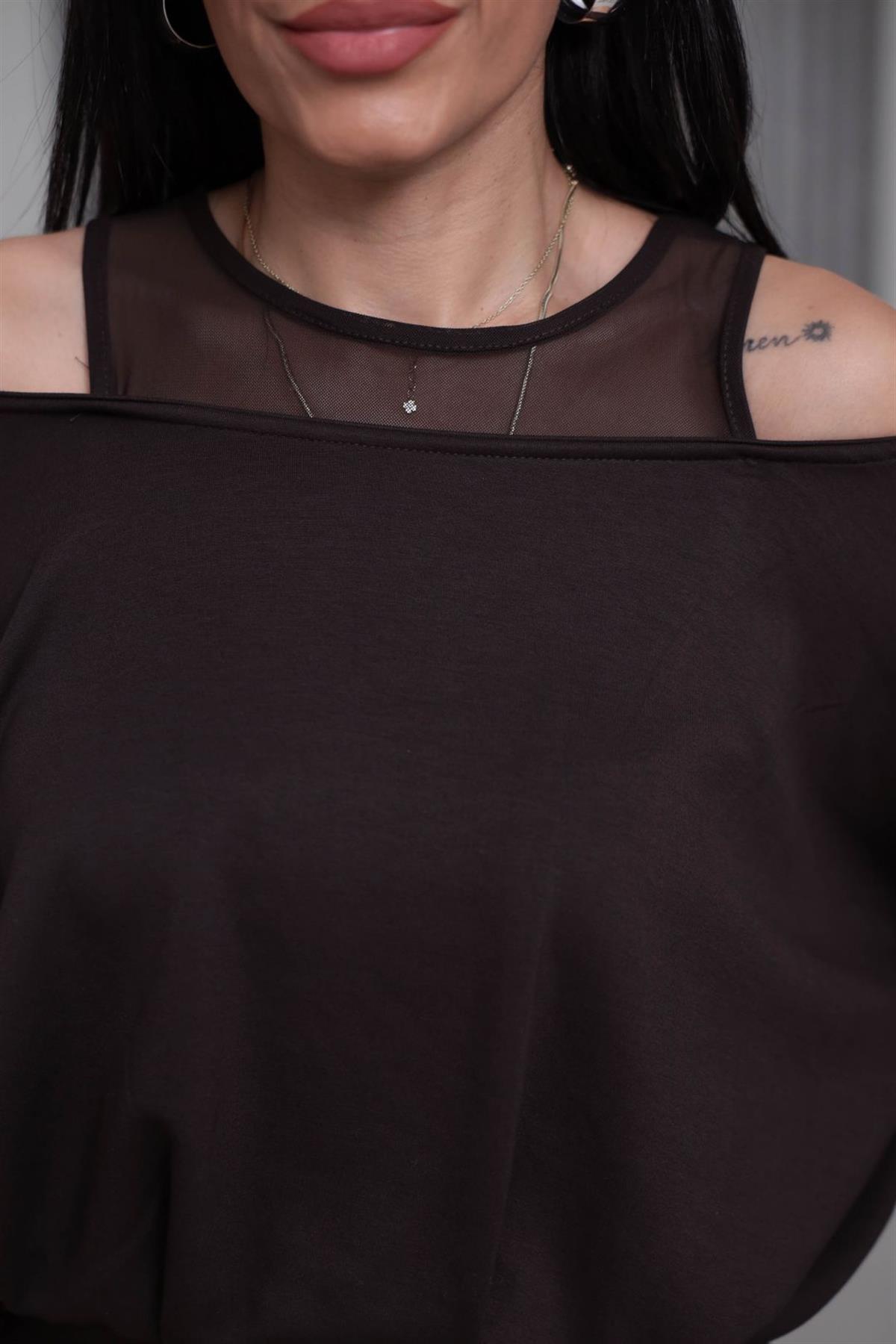 6710 Kol Dekolteli Tül Detaylı Bluz ACI KAHVE