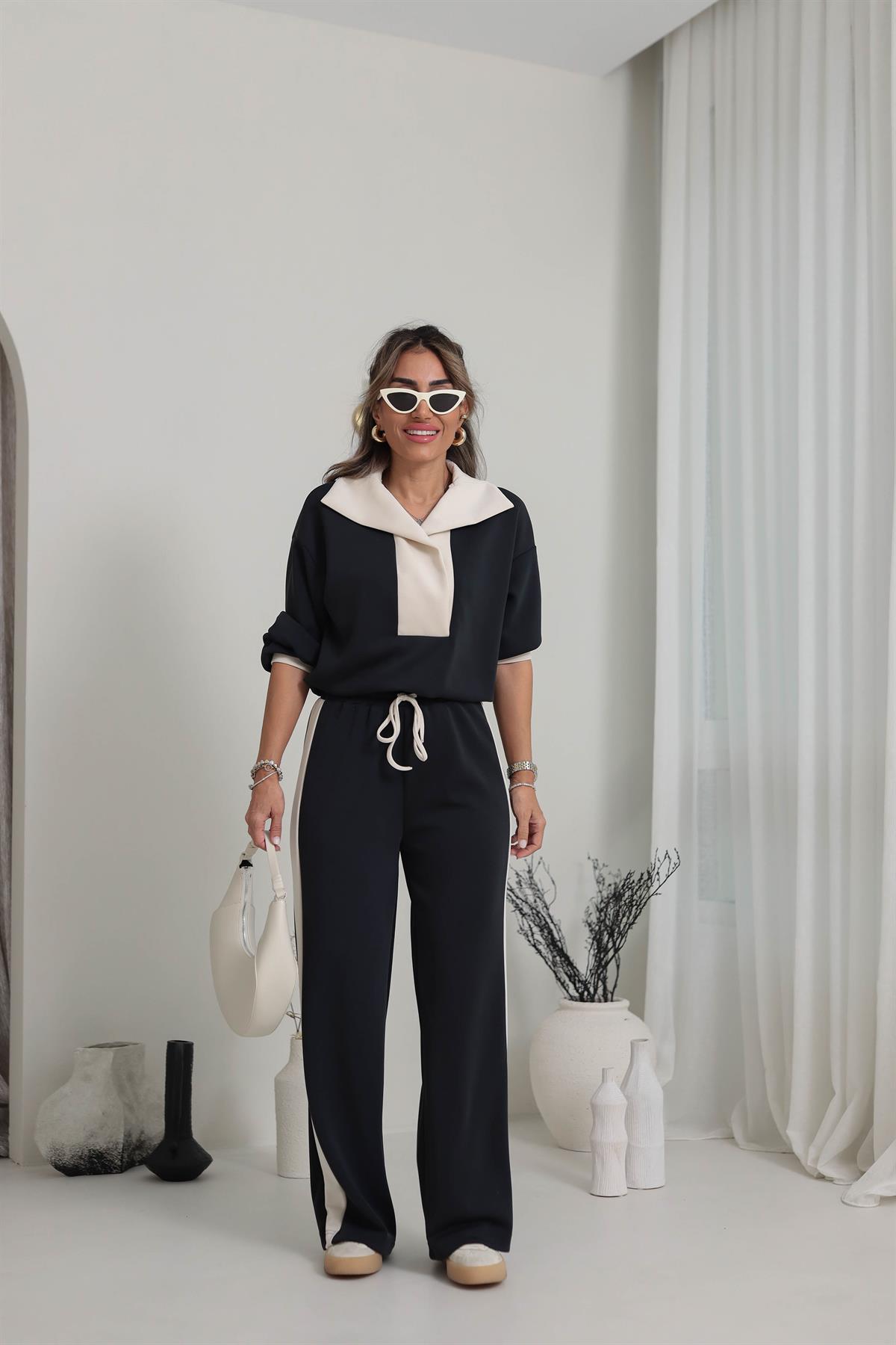 1665 Büzgü ve Şerit Detaylı Modal Eşofman Takımı SİYAH