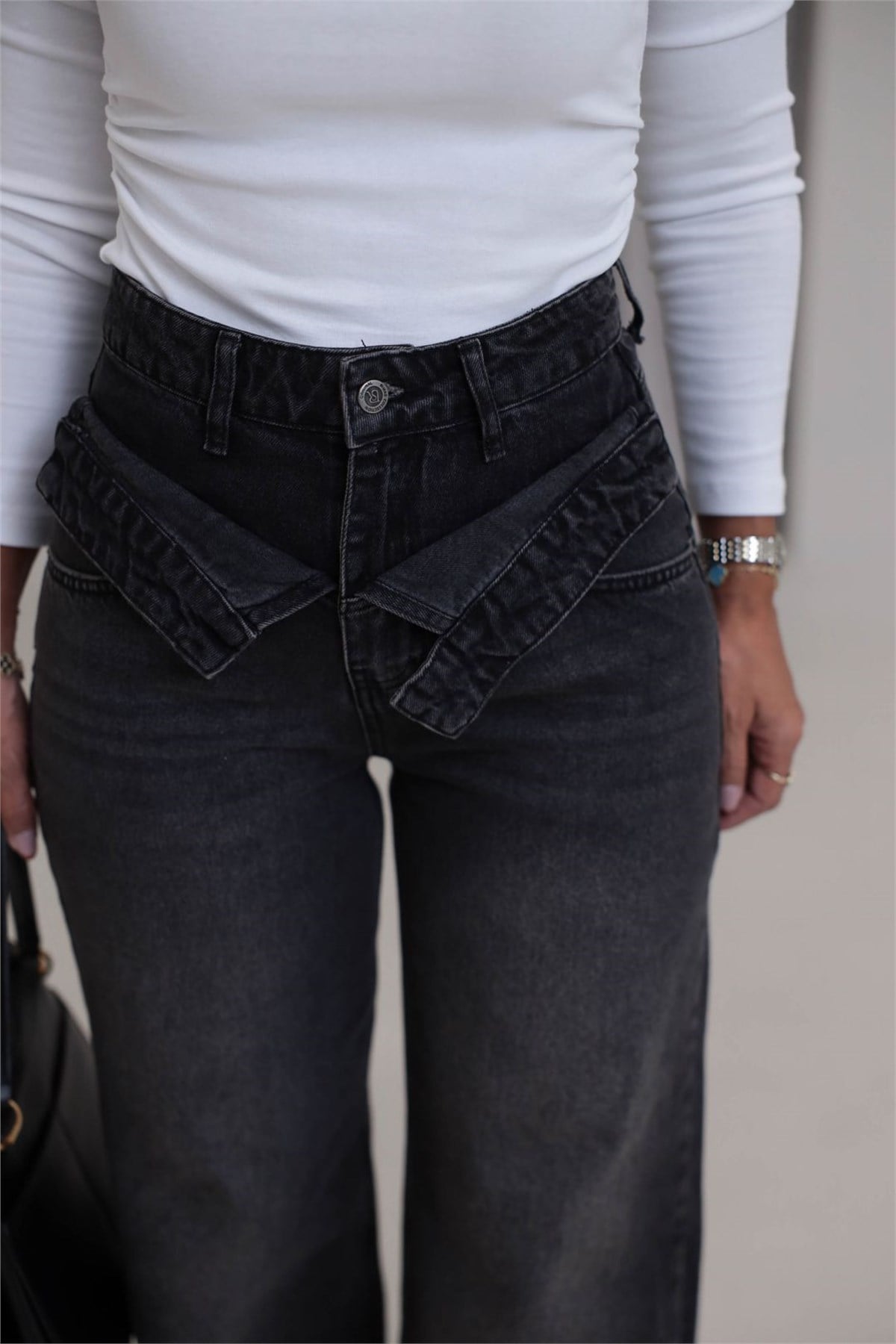 1065 Asimetrik Bel Detaylı Palazzo Denim Pantolon YIKAMALI SİYAH