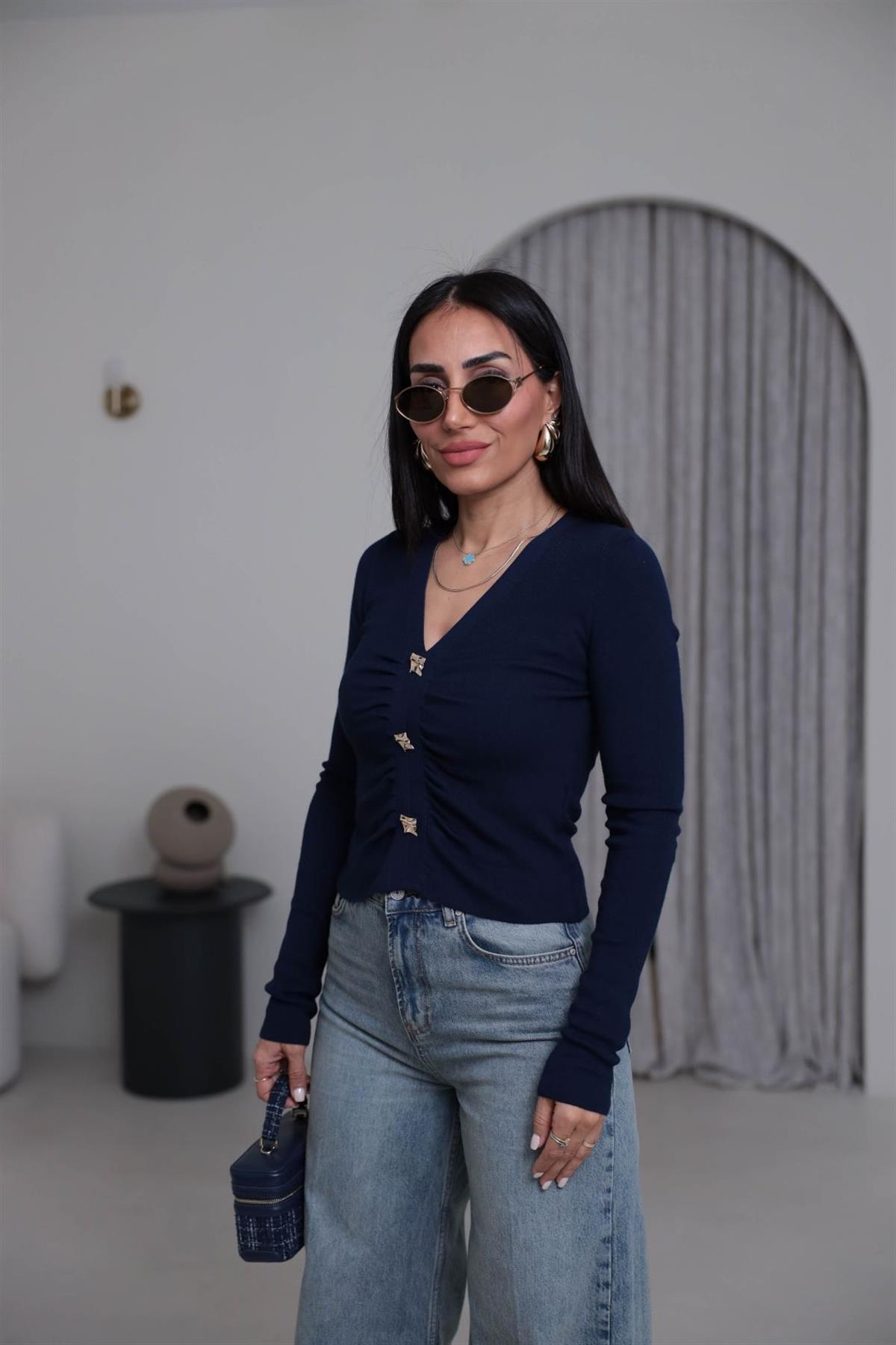 0805 Önü Büzgülü Düğme Detaylı Korsman Triko LACİVERT