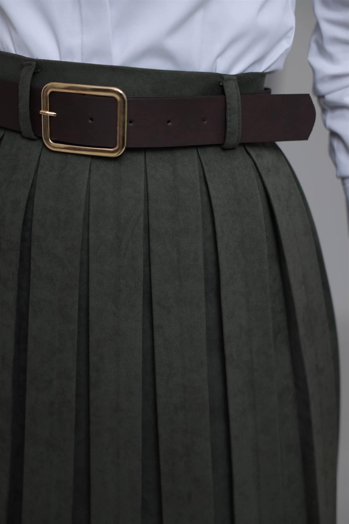 0652 Kemerli Piliseli Nubuk Etek HAKİ YEŞİL