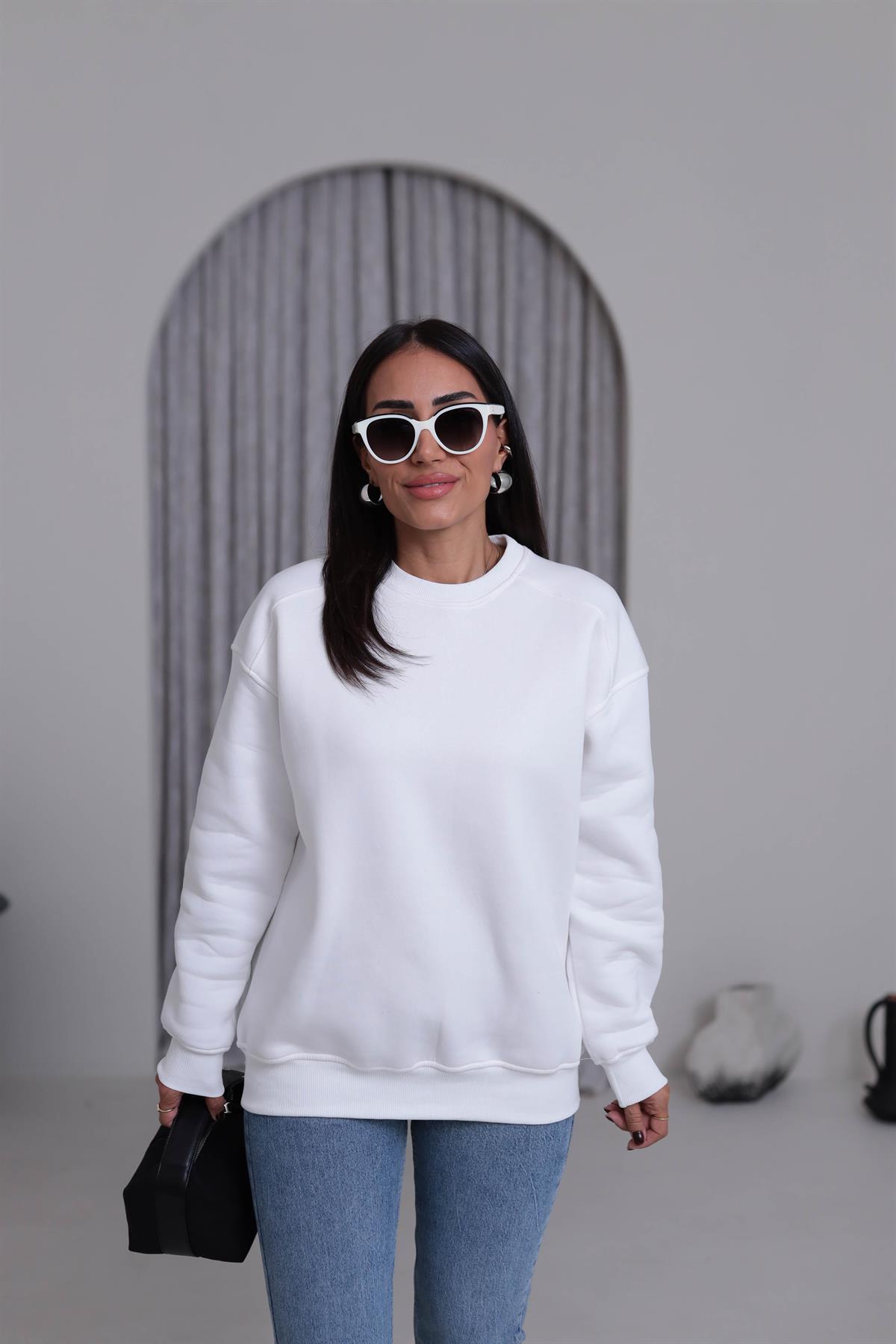 7912 Bisiklet Yaka Şardonlu Sweatshirt EKRU