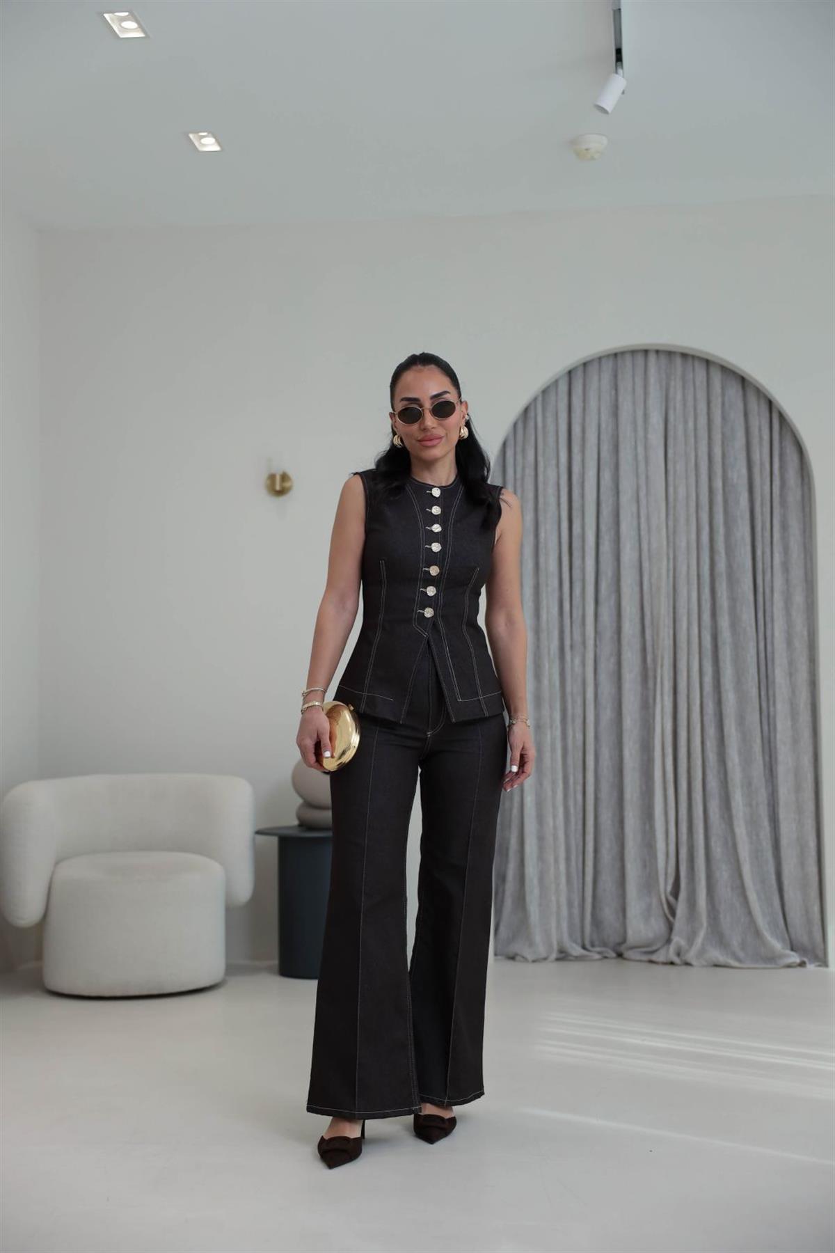 8053 Gold Düğmeli Yelekli Likralı Takım KAHVE